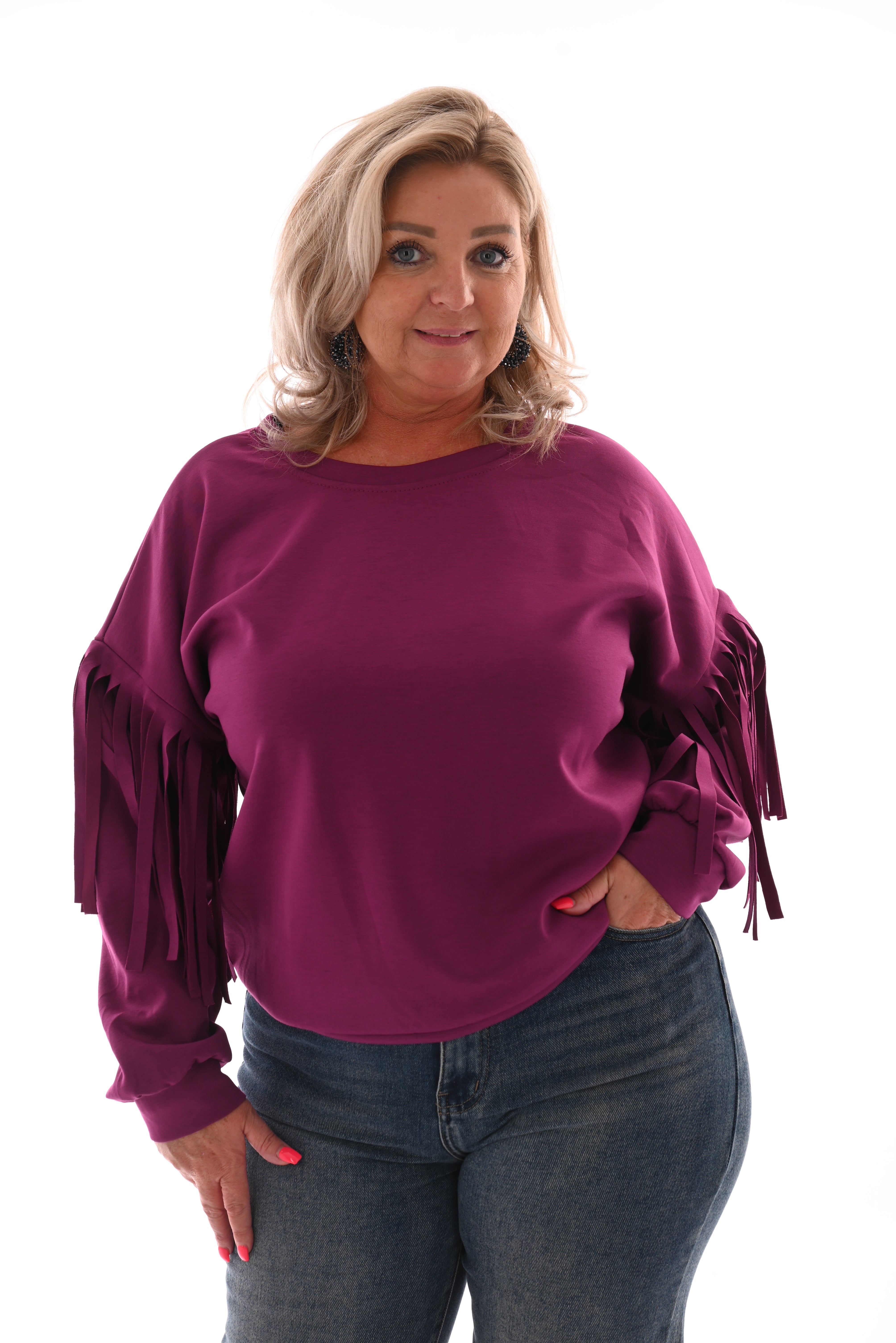 Sweater met franjes aan de mouwen cyclaam