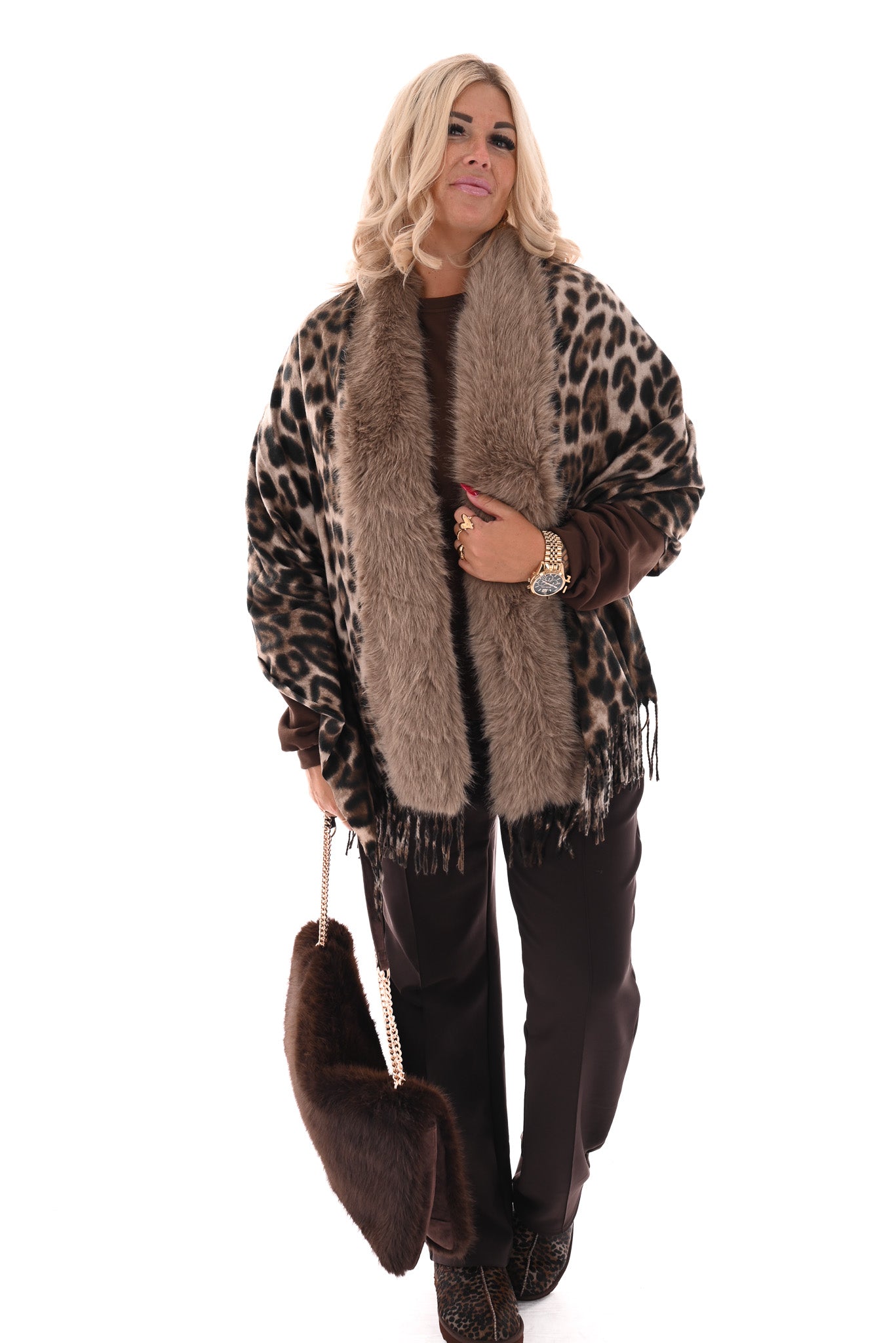 Omslagdoek panterprint met faux fur beige