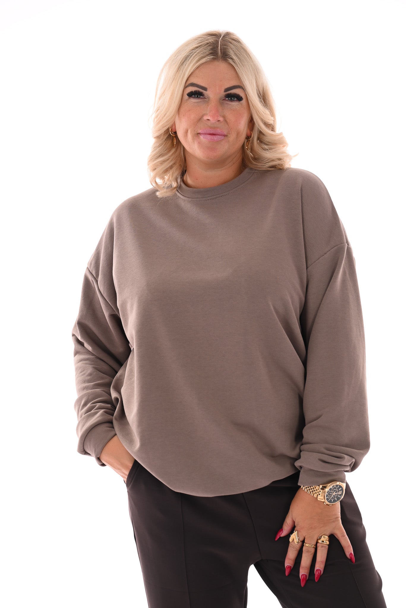 Oversized sweater ronde hals uni taupe