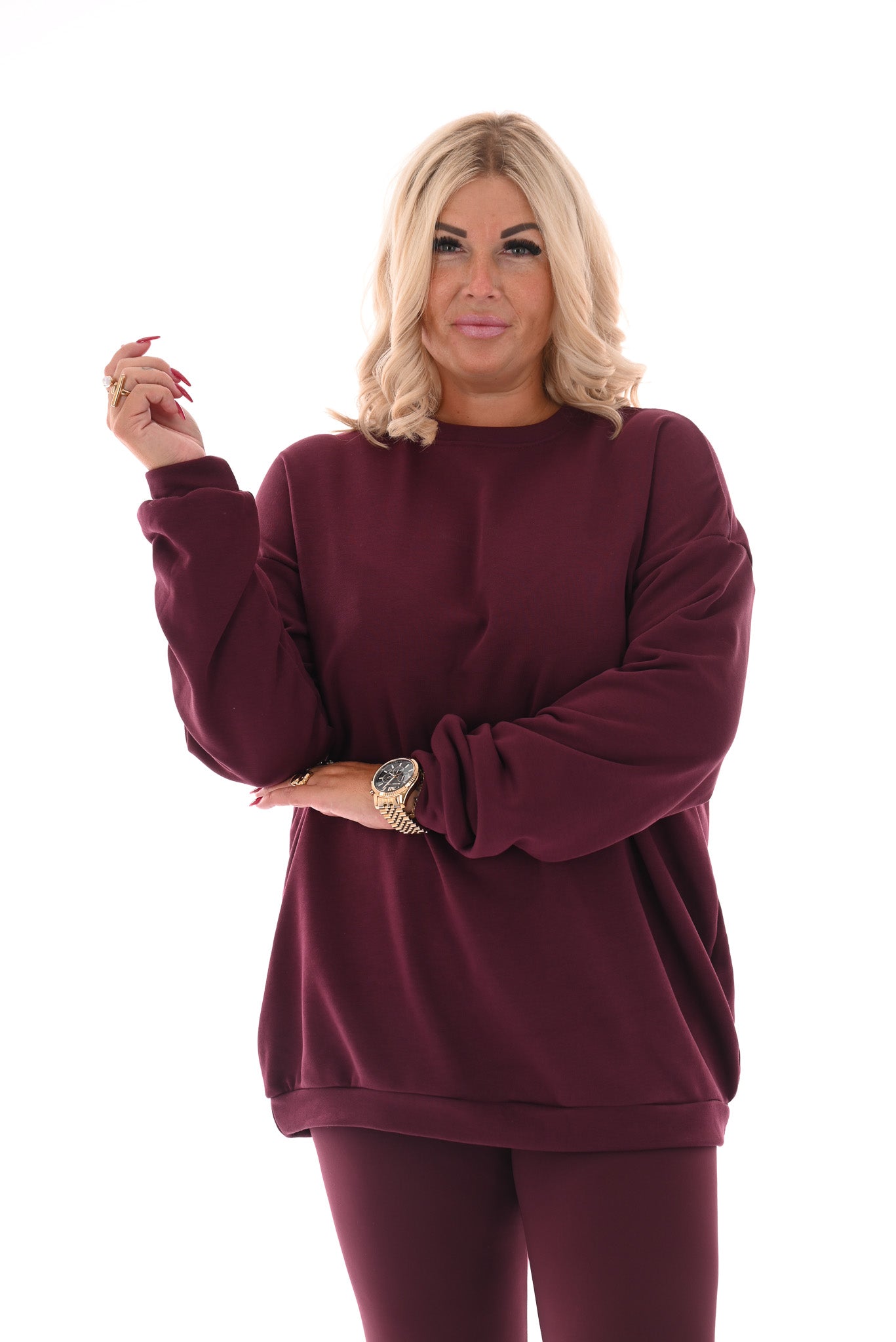 Oversized sweater ronde hals uni aubergine