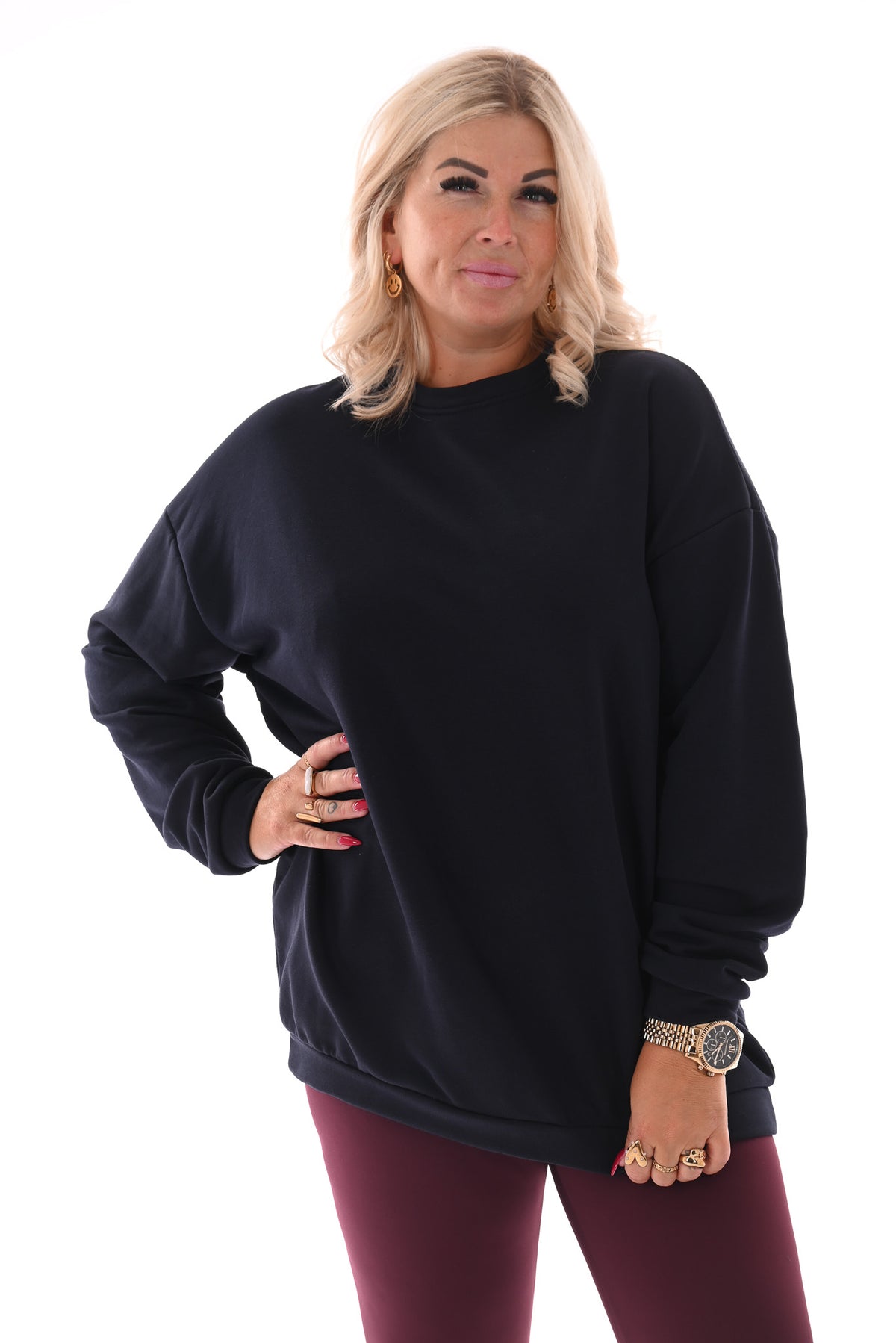 Oversized sweater ronde hals uni marineblauw
