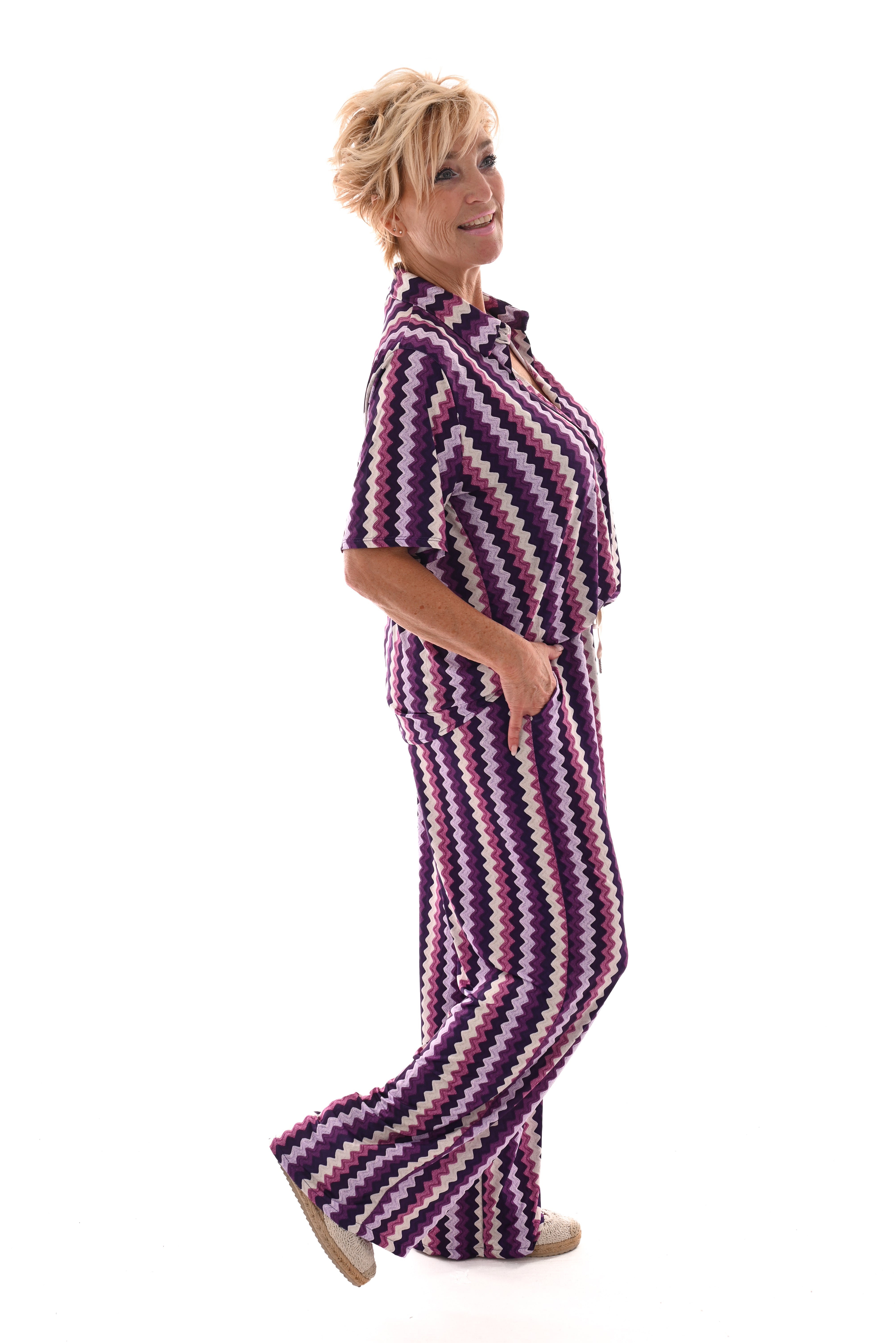 Tweedelig set korte mouwen zigzag paars