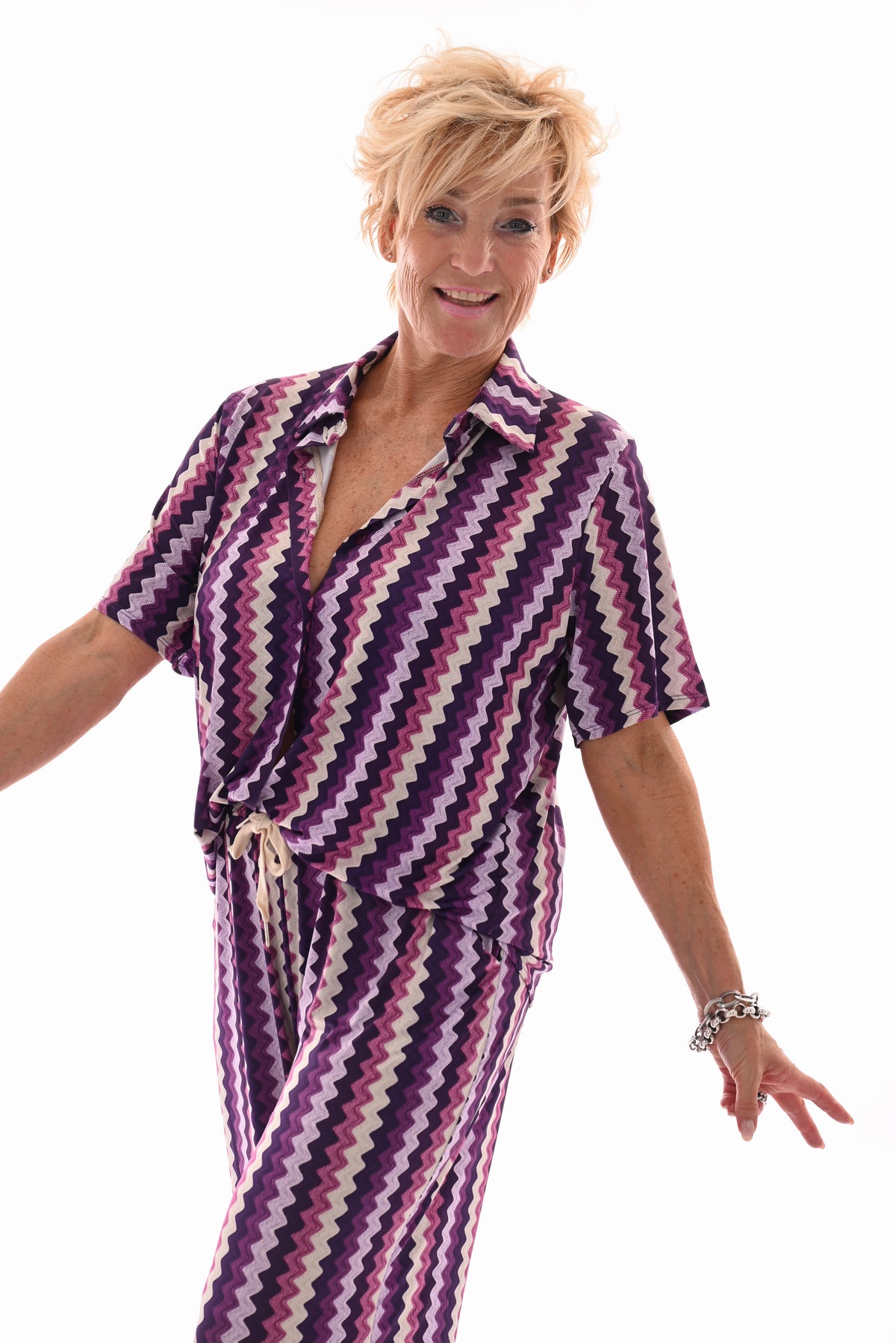 Tweedelig set korte mouwen zigzag paars