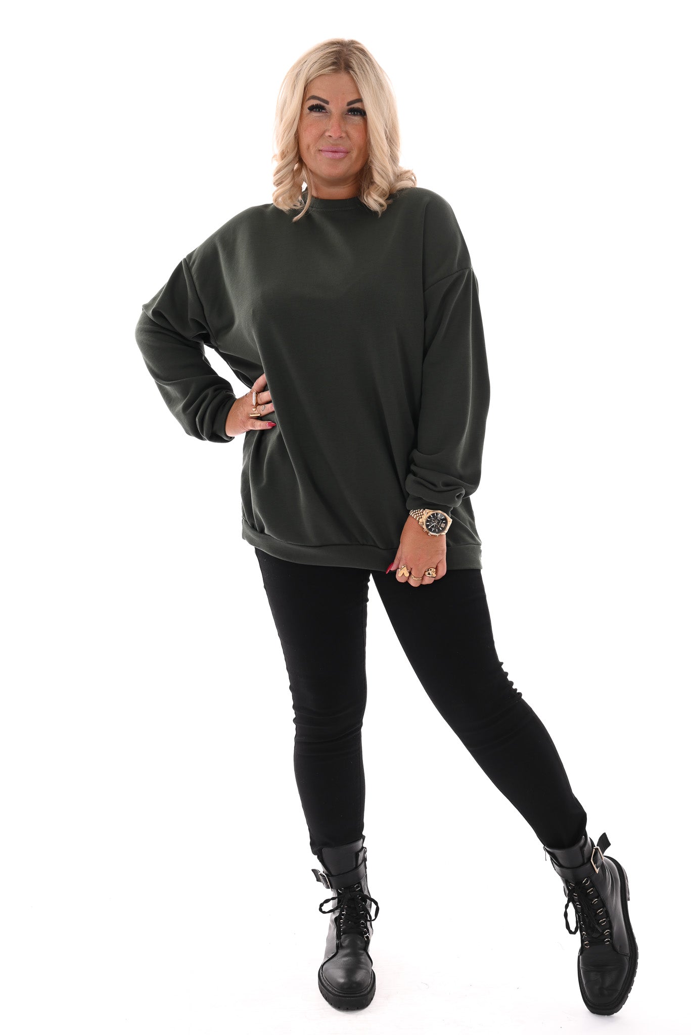 Oversized sweater ronde hals uni legergroen