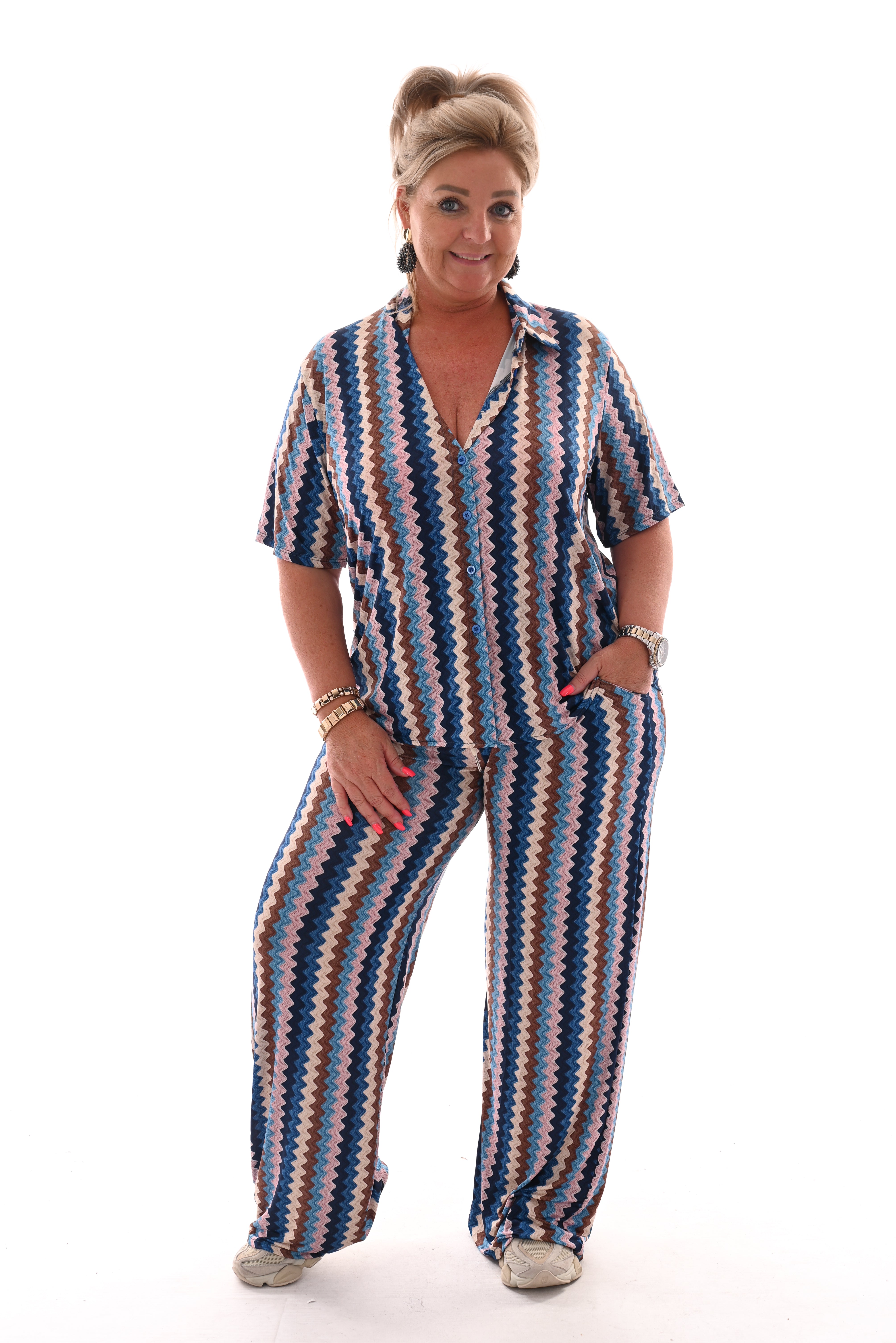Tweedelig set korte mouwen zigzag blauw