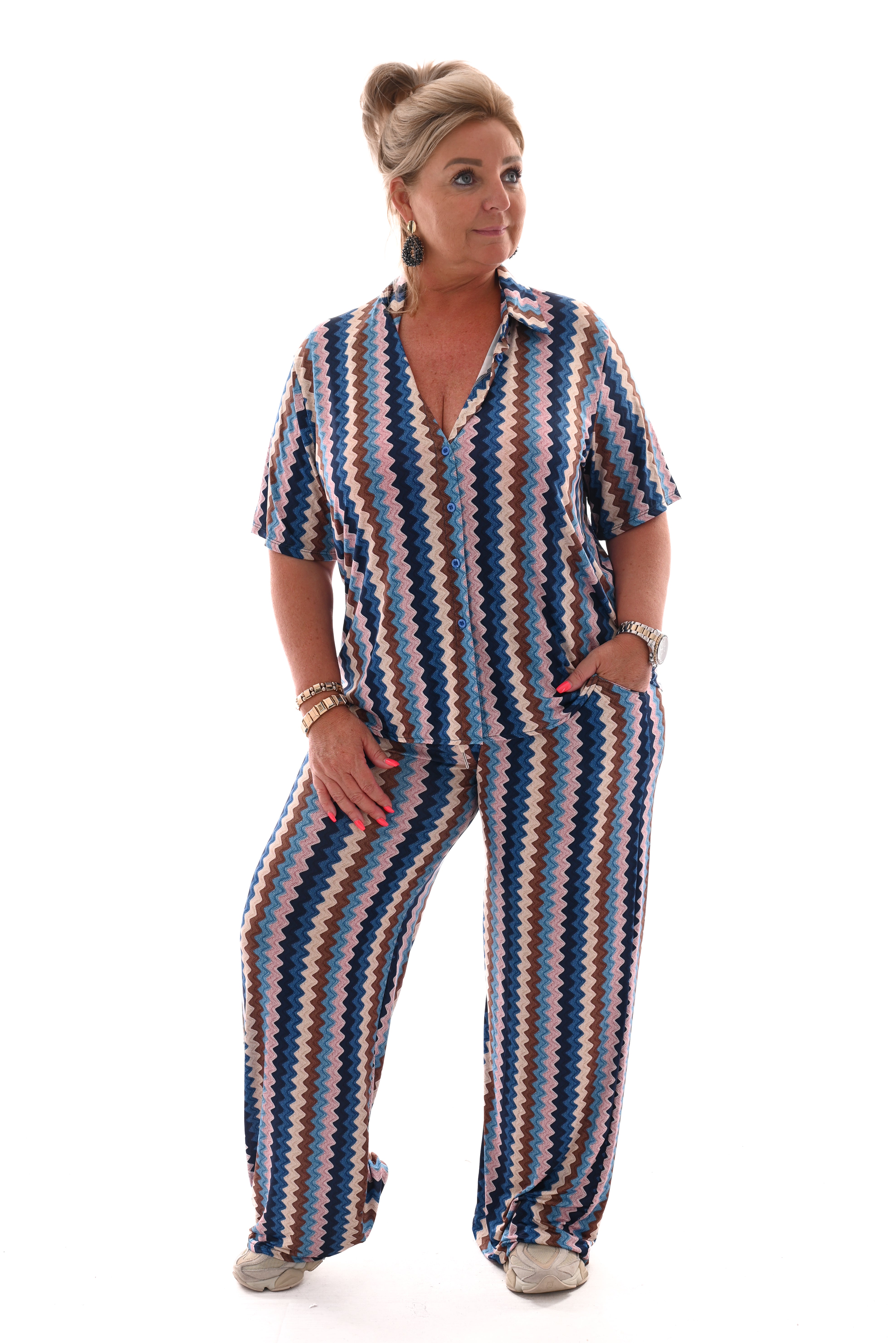 Tweedelig set korte mouwen zigzag blauw