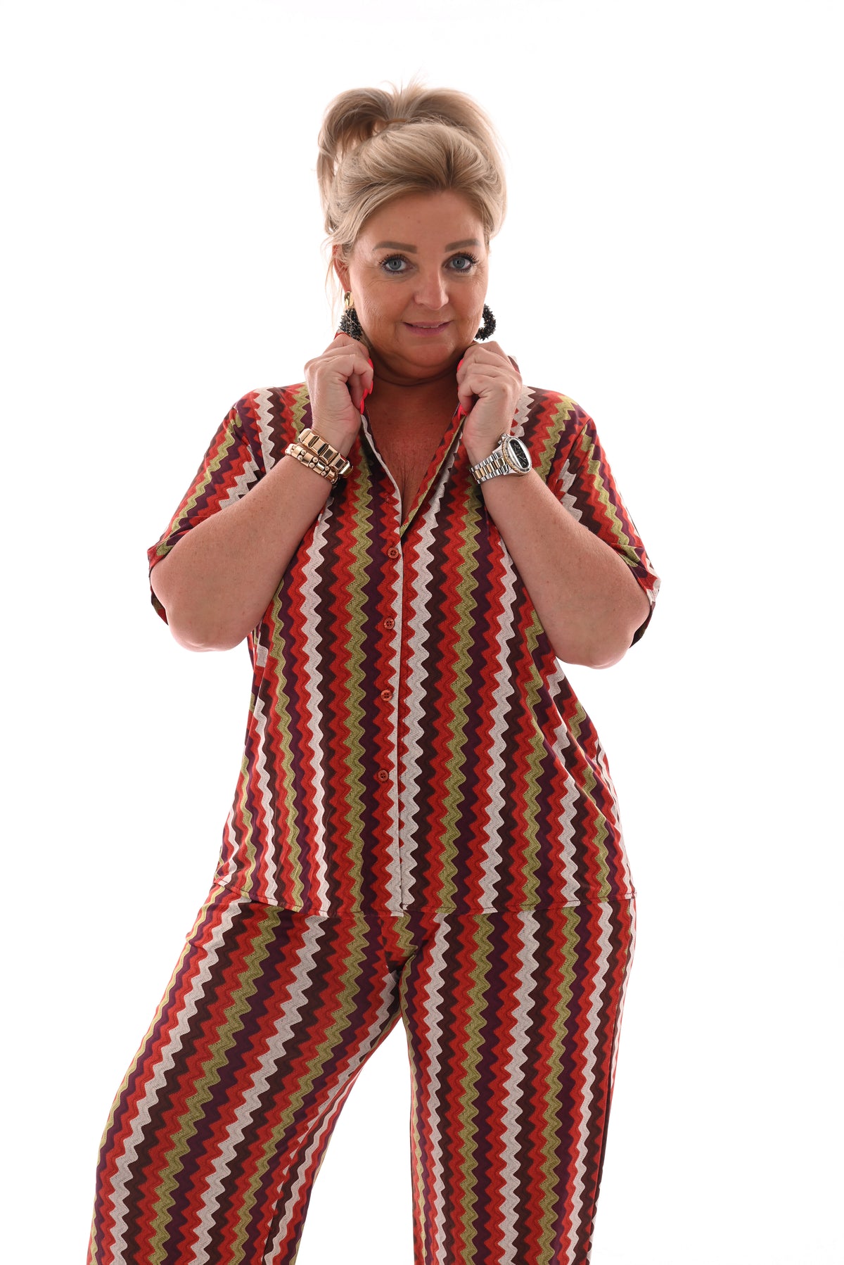 Tweedelig set korte mouwen zigzag brique/groen