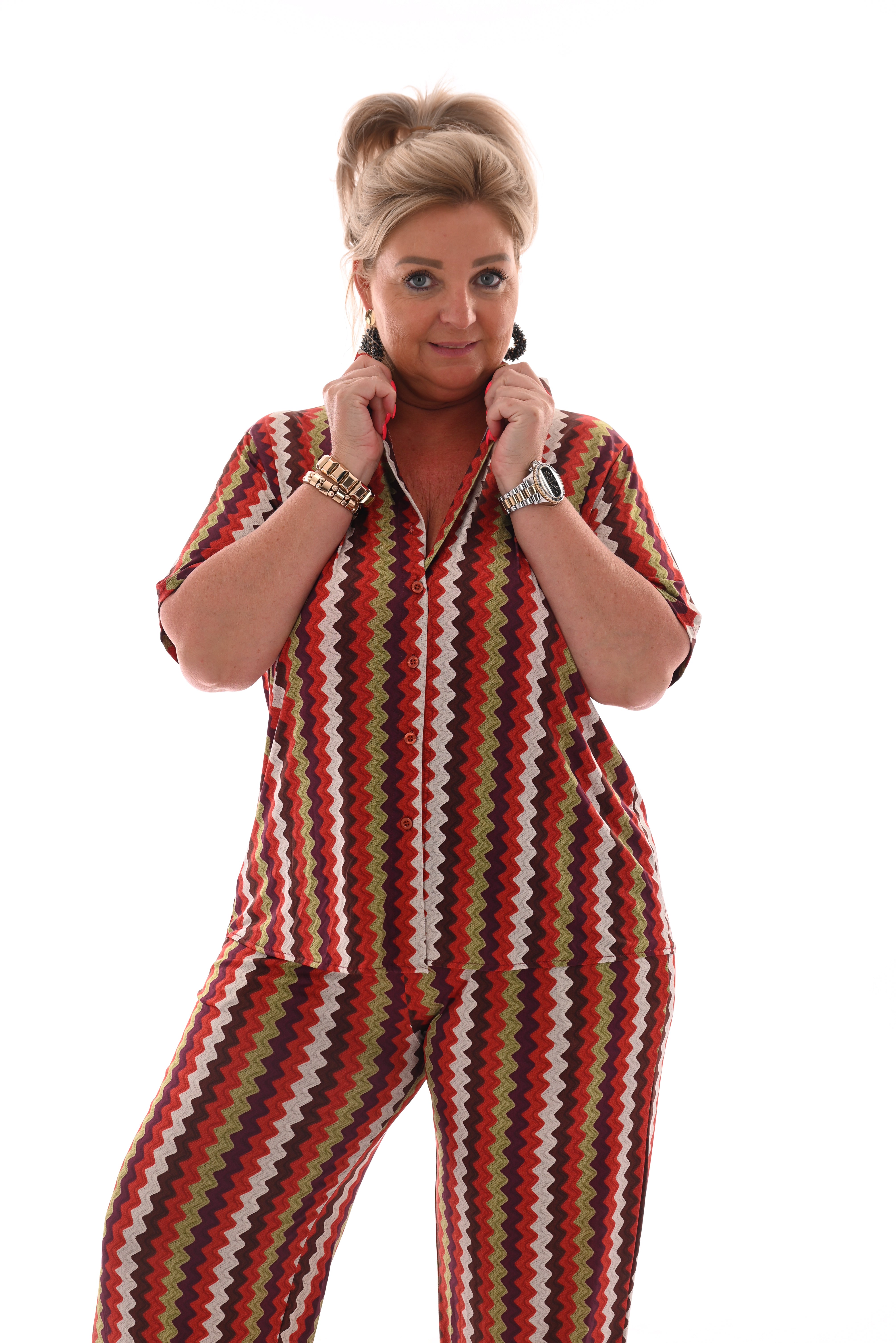 Tweedelig set korte mouwen zigzag brique/groen