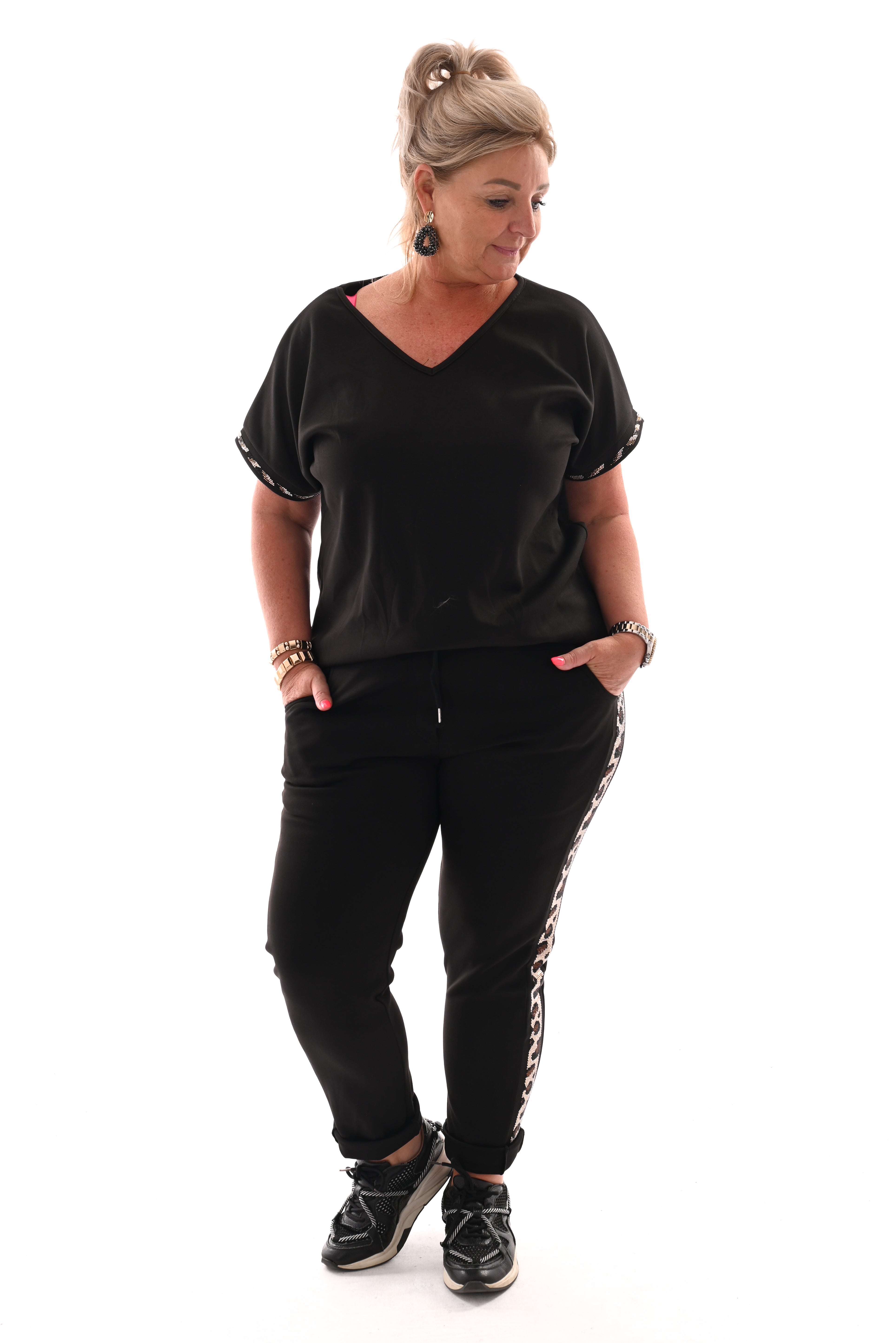 Tweedelig set korte mouwen panter glitterbies zwart