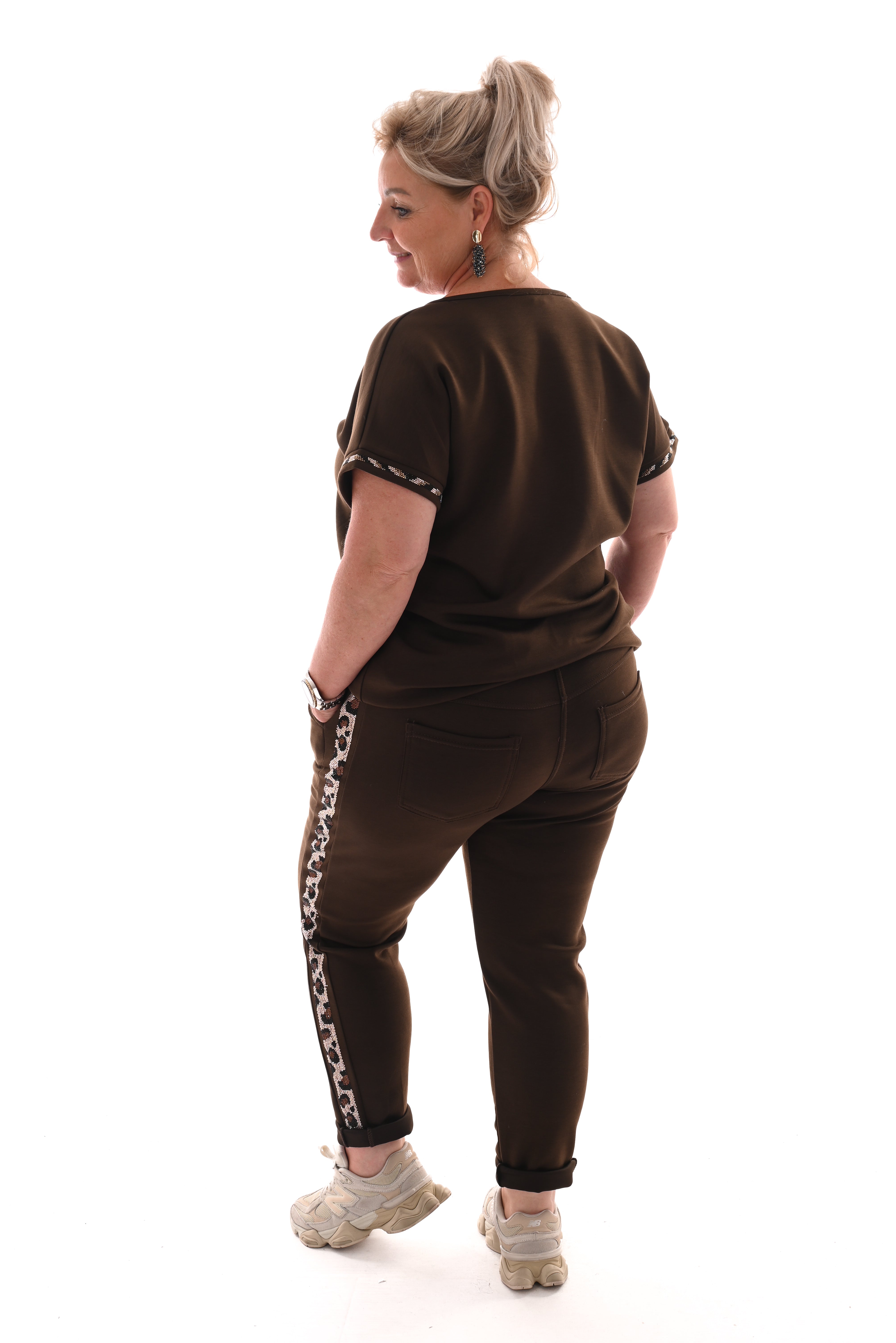Tweedelig set korte mouwen panter glitterbies donkerbruin