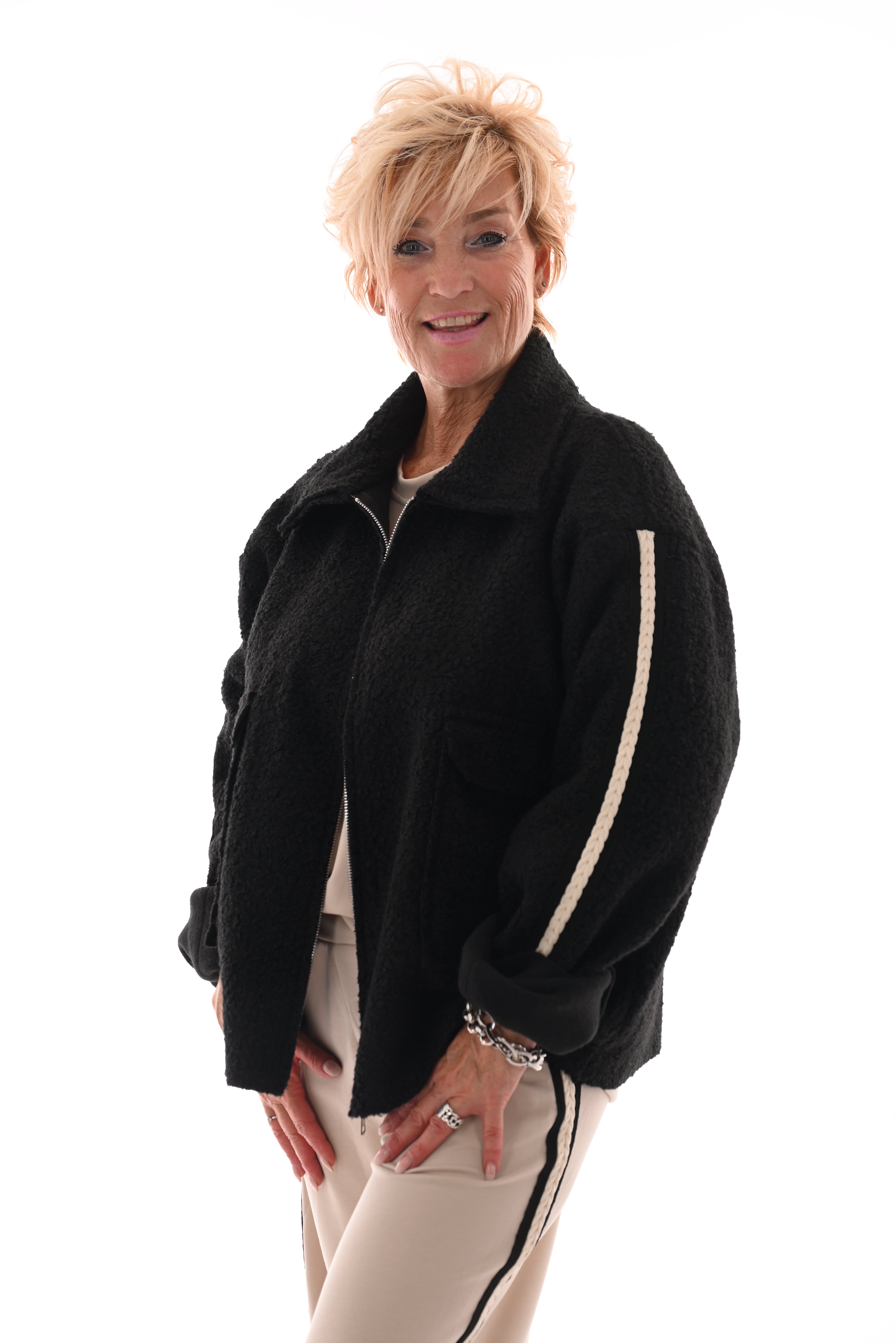 Boucle jas bies strepen zwart