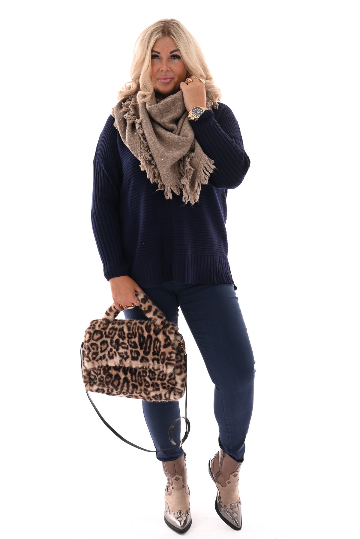 Faux fur panterprint handtas beige