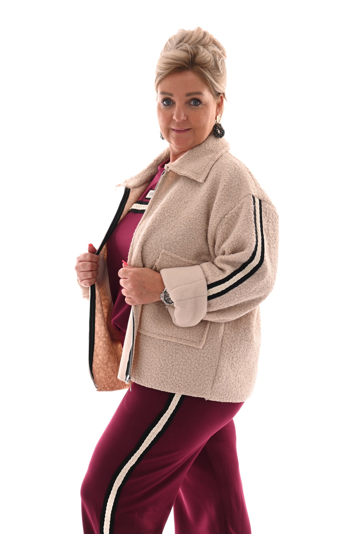 Boucle jas bies strepen beige
