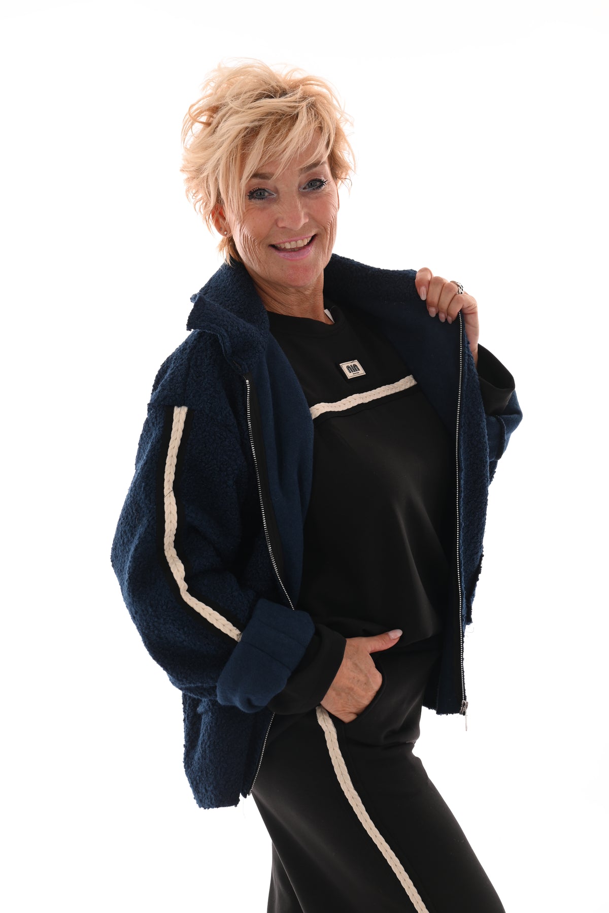 Boucle jas bies strepen marineblauw