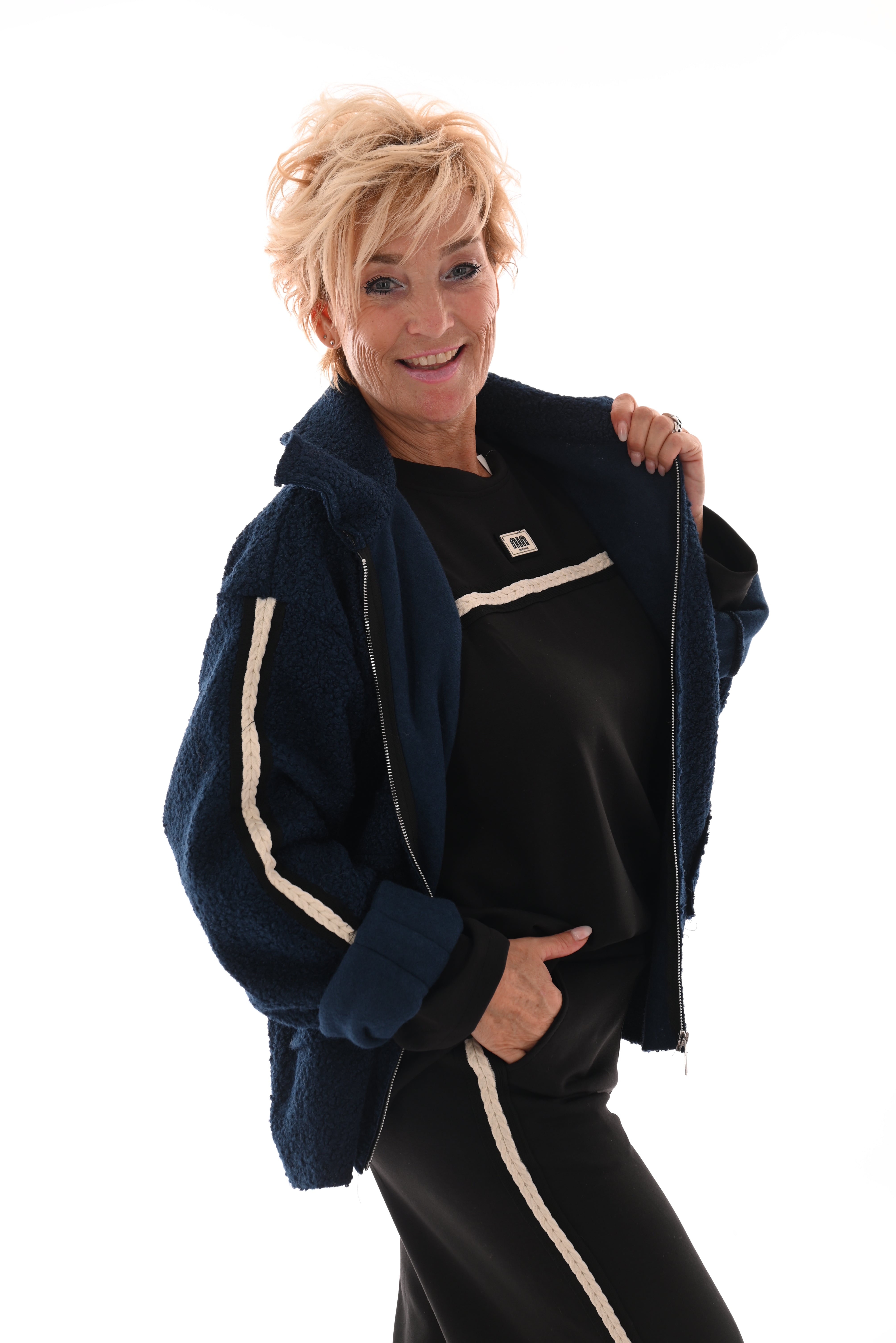 Boucle jas bies strepen marineblauw
