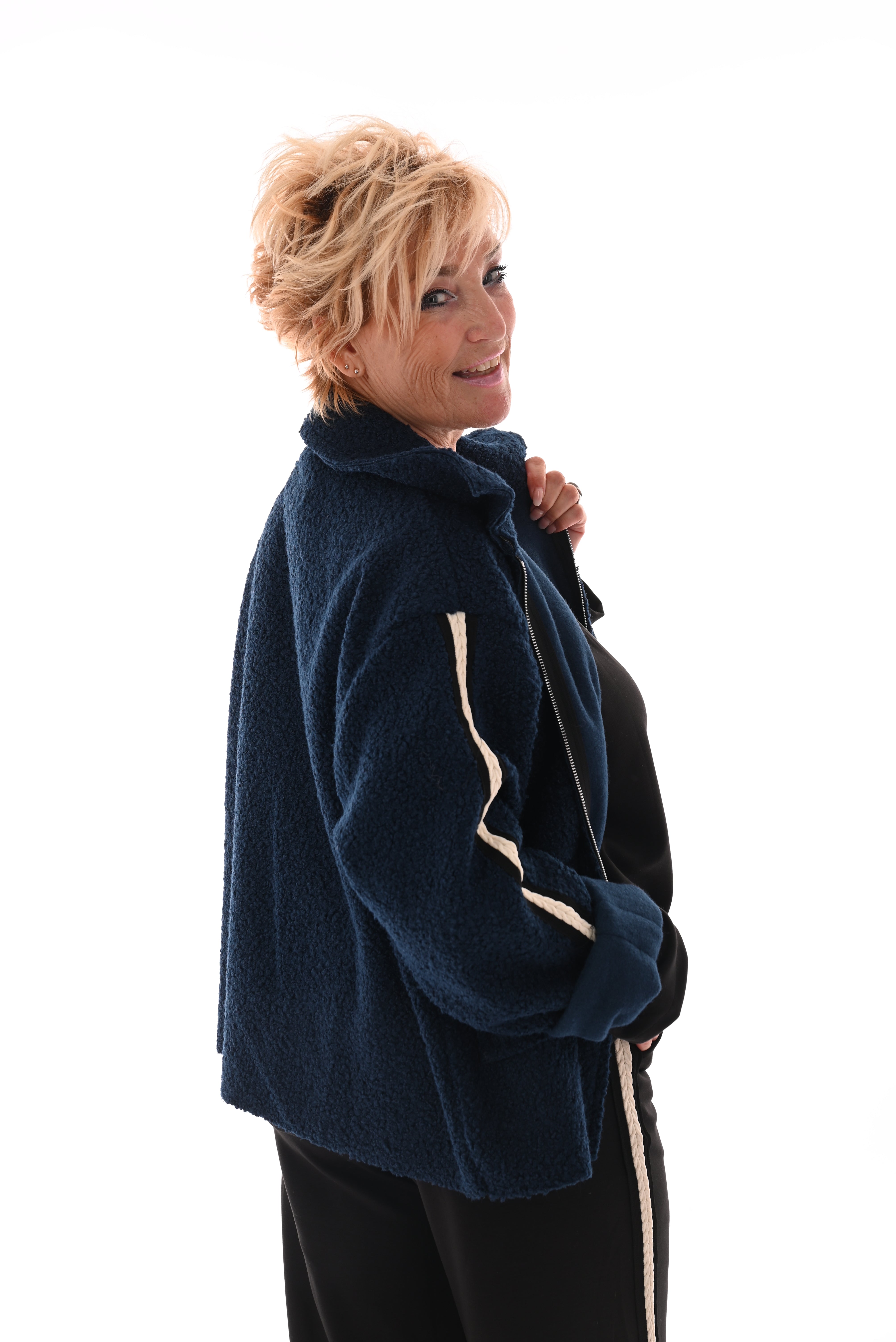 Boucle jas bies strepen marineblauw
