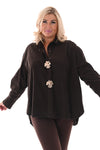 Rib blouse met broche donkerbruin