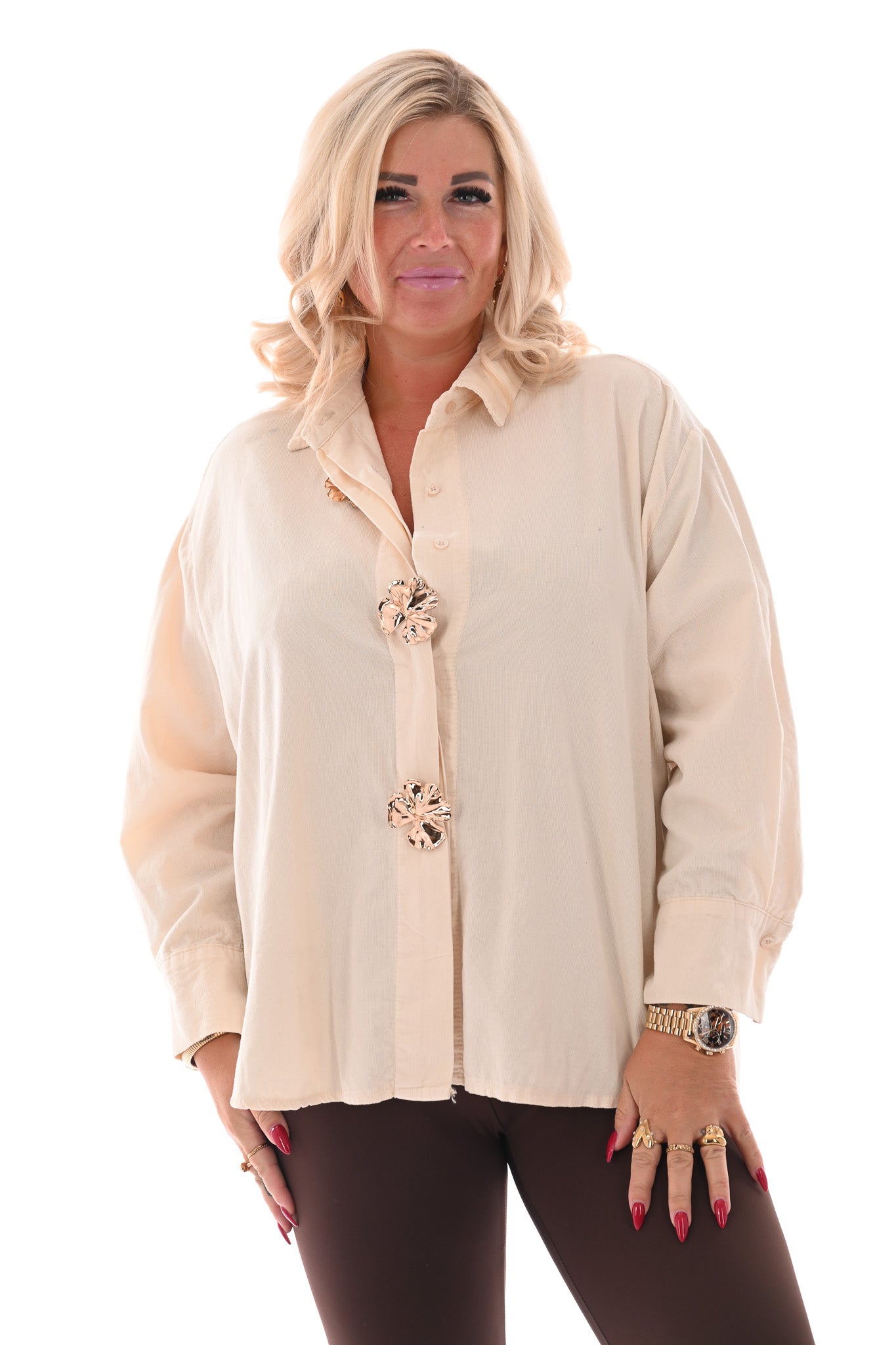 Rib blouse met broche roomwit