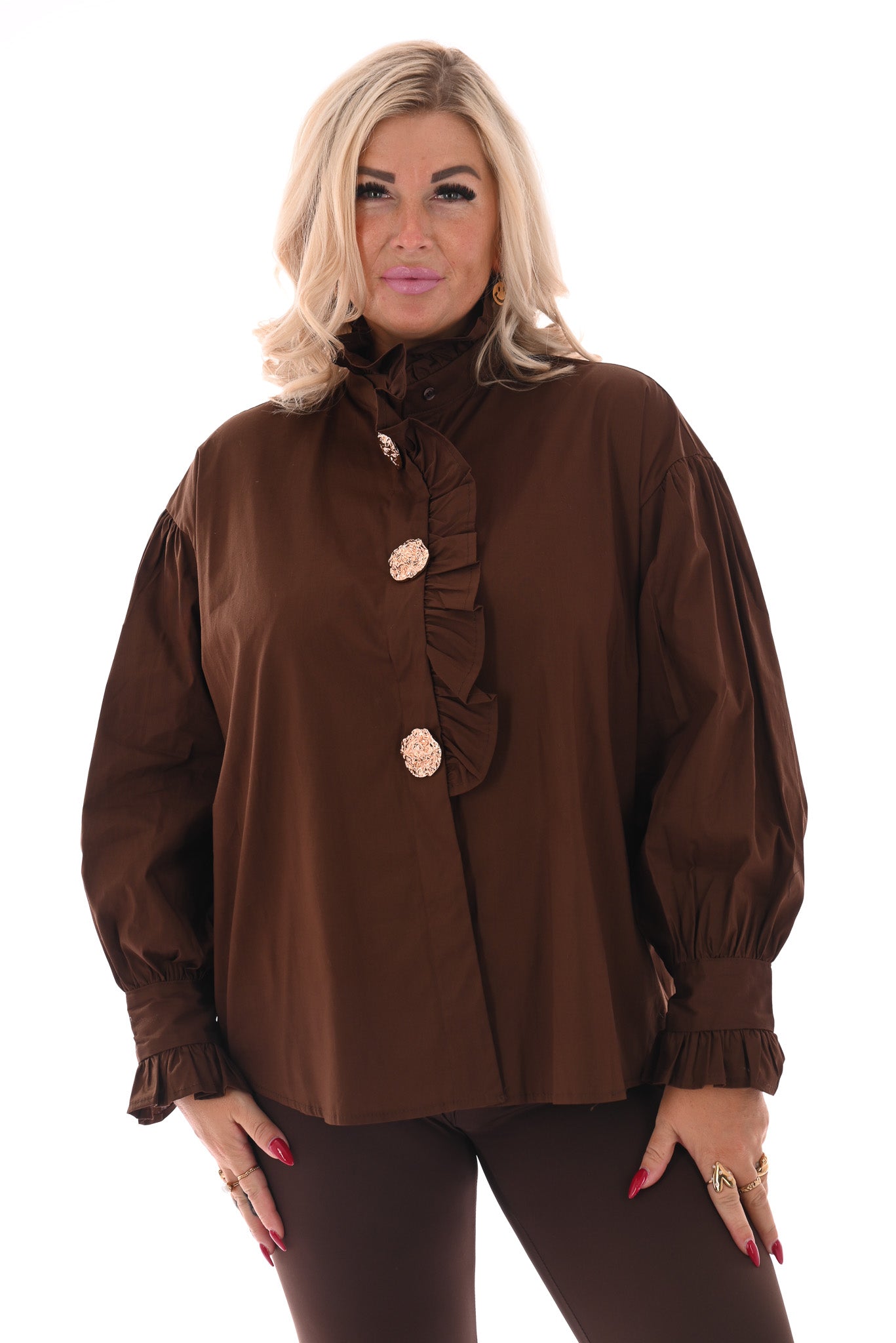 Blouse met roezelkraag bruin