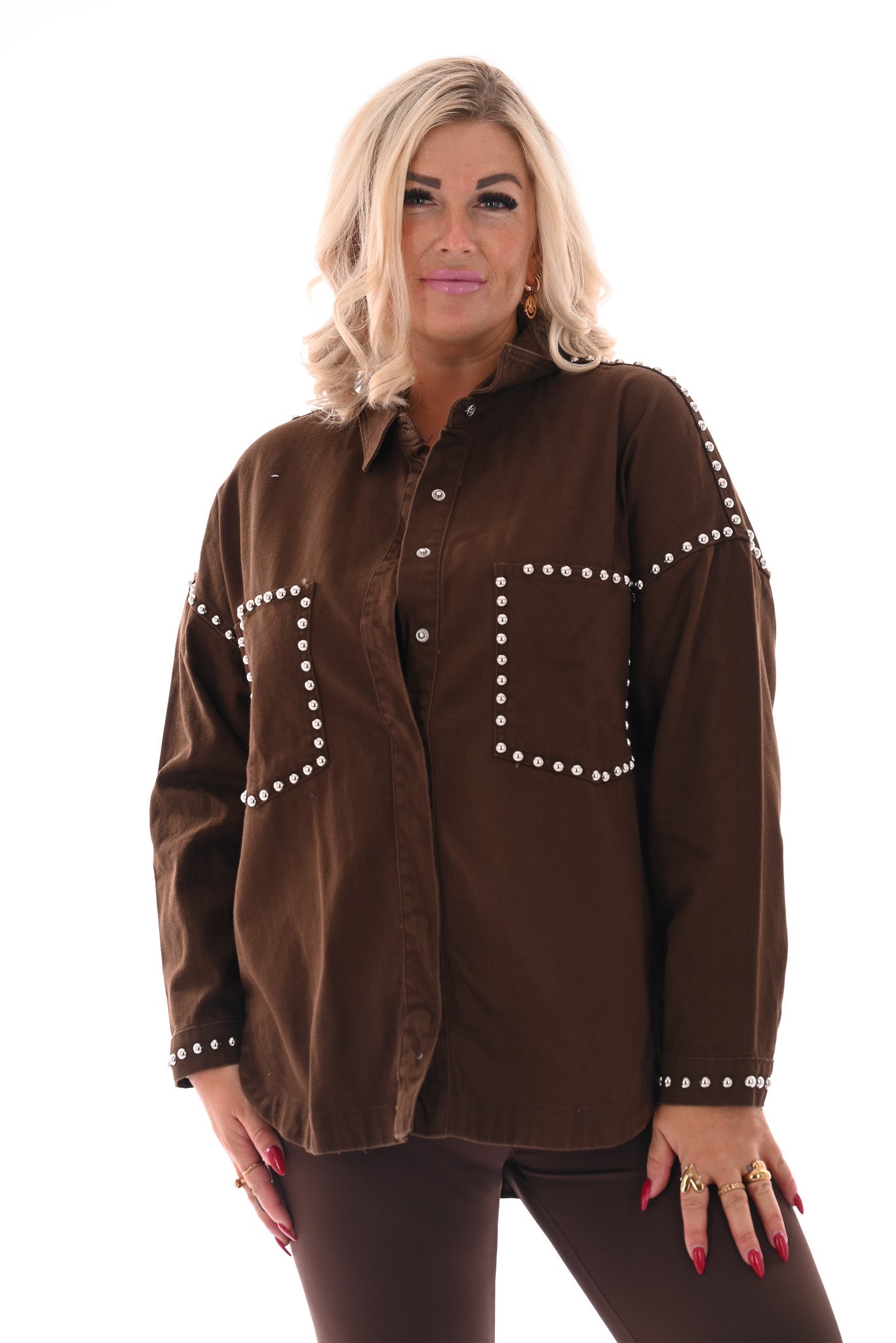 Jeansblouse met studs bruin