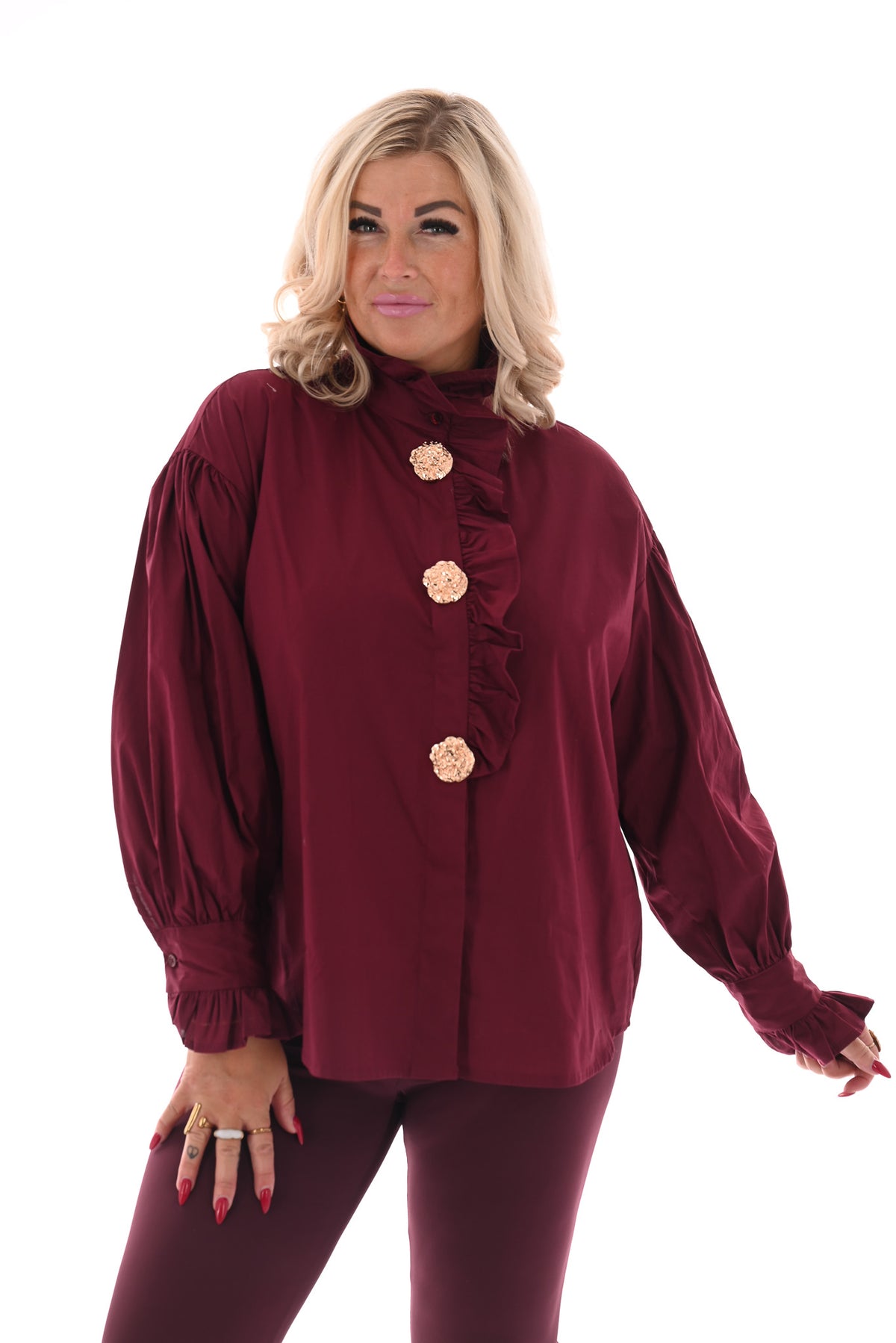 Blouse met roezelkraag bordeaux