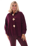 Rib blouse met broche aubergine