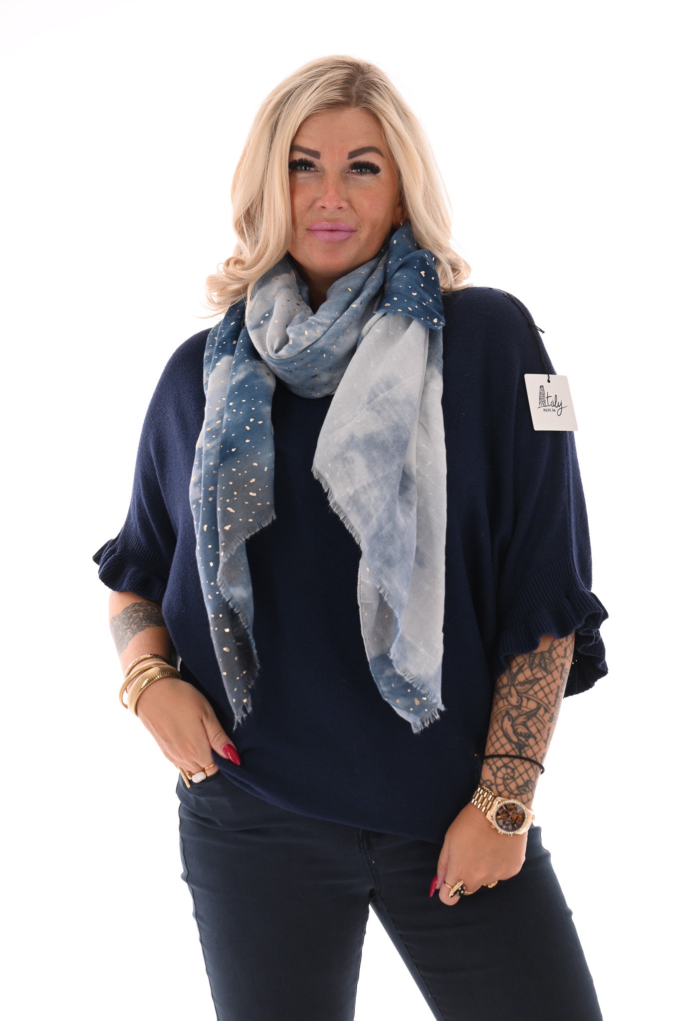 Vleermuis trui korte roezel mouwen uni marineblauw