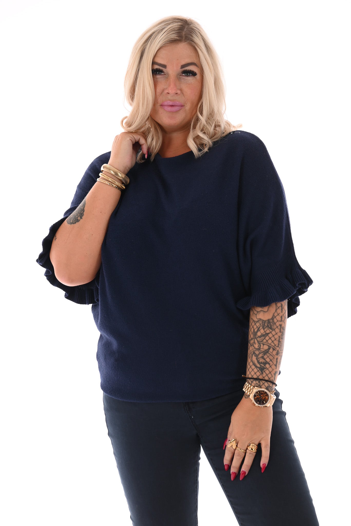 Vleermuis trui korte roezel mouwen uni marineblauw