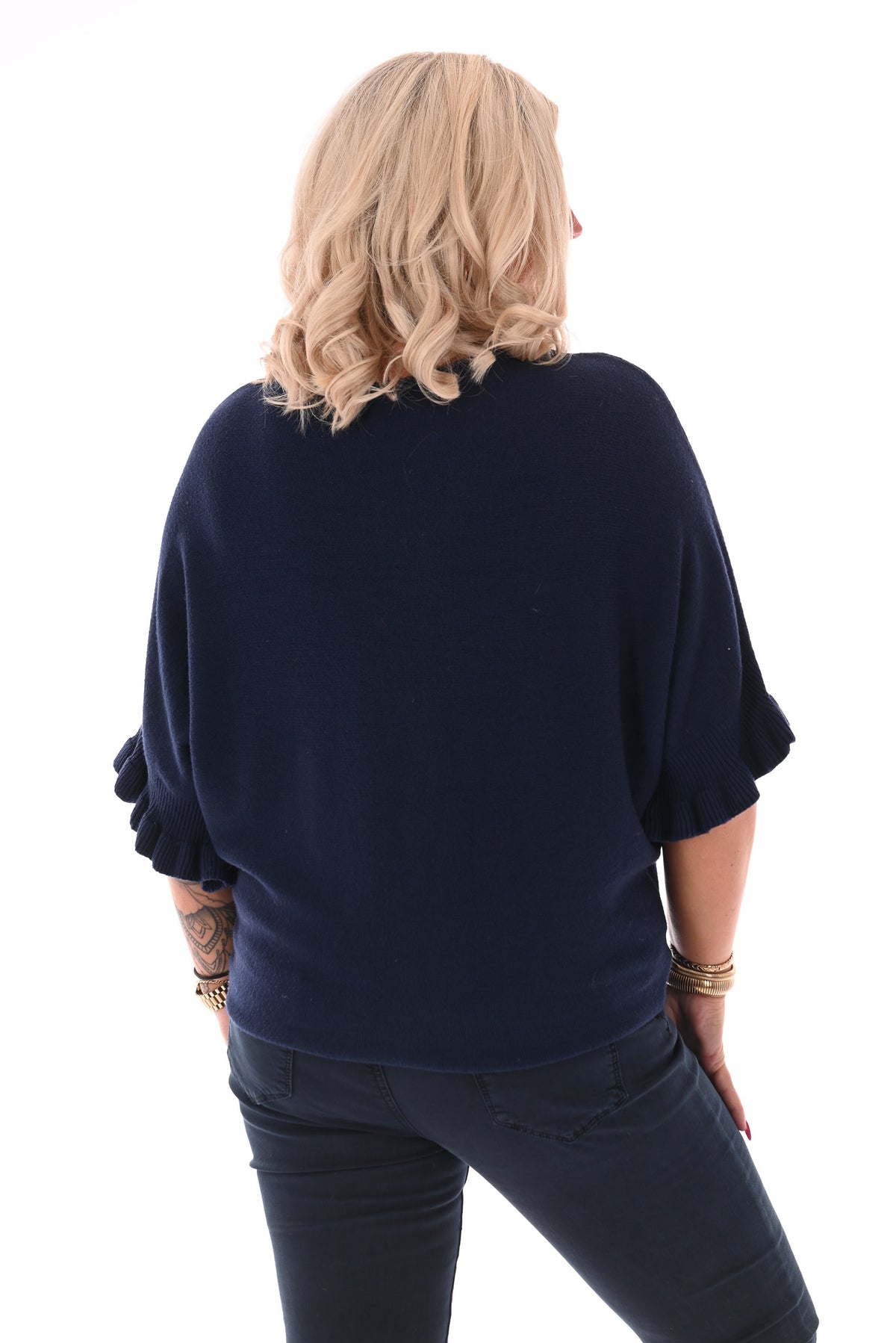 Vleermuis trui korte roezel mouwen uni marineblauw