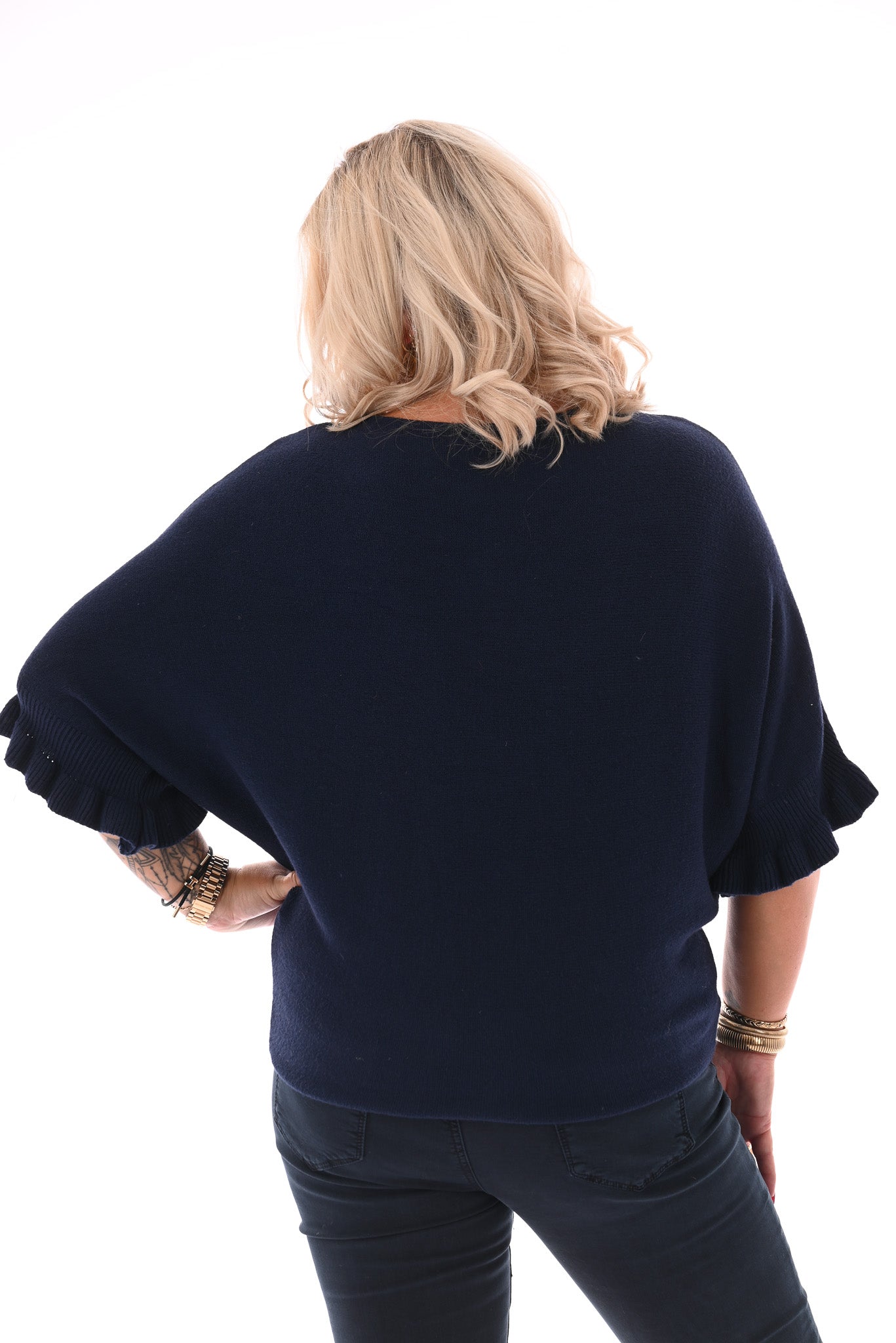 Vleermuis trui korte roezel mouwen uni marineblauw