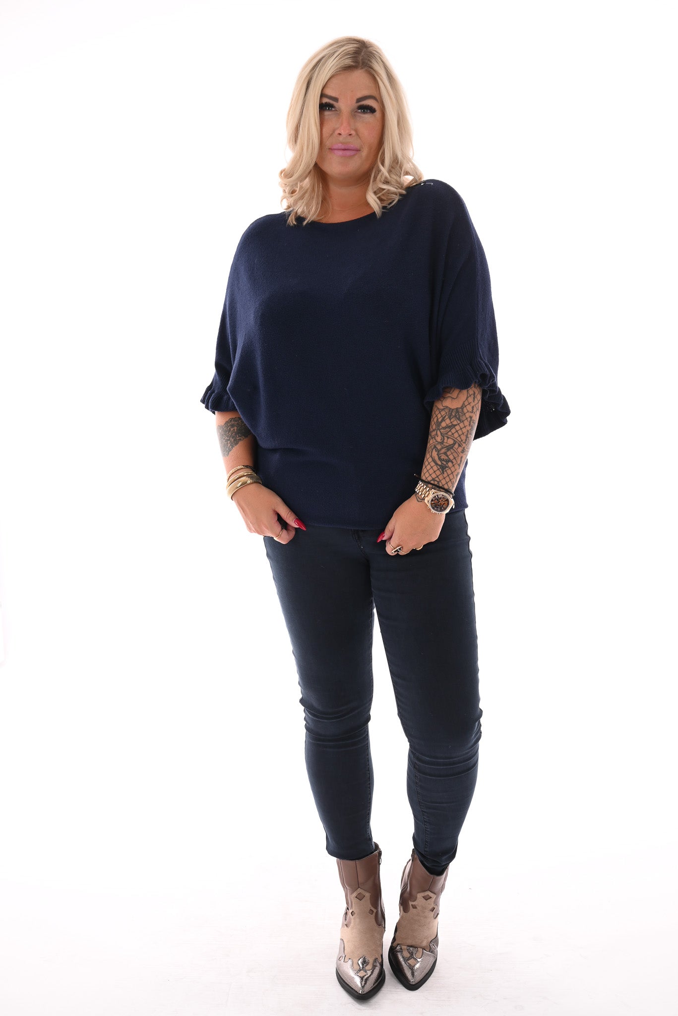 Vleermuis trui korte roezel mouwen uni marineblauw