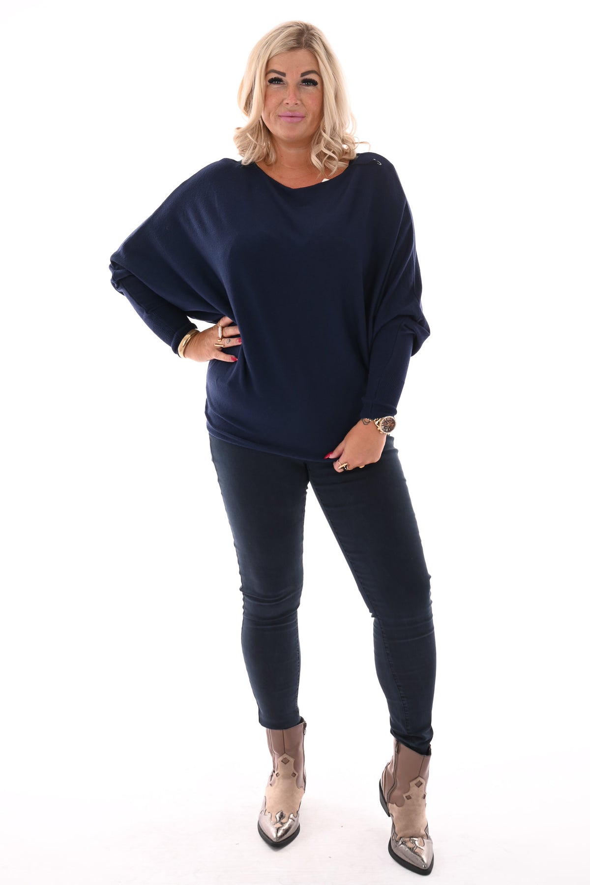 Trui vleermuis uni marineblauw