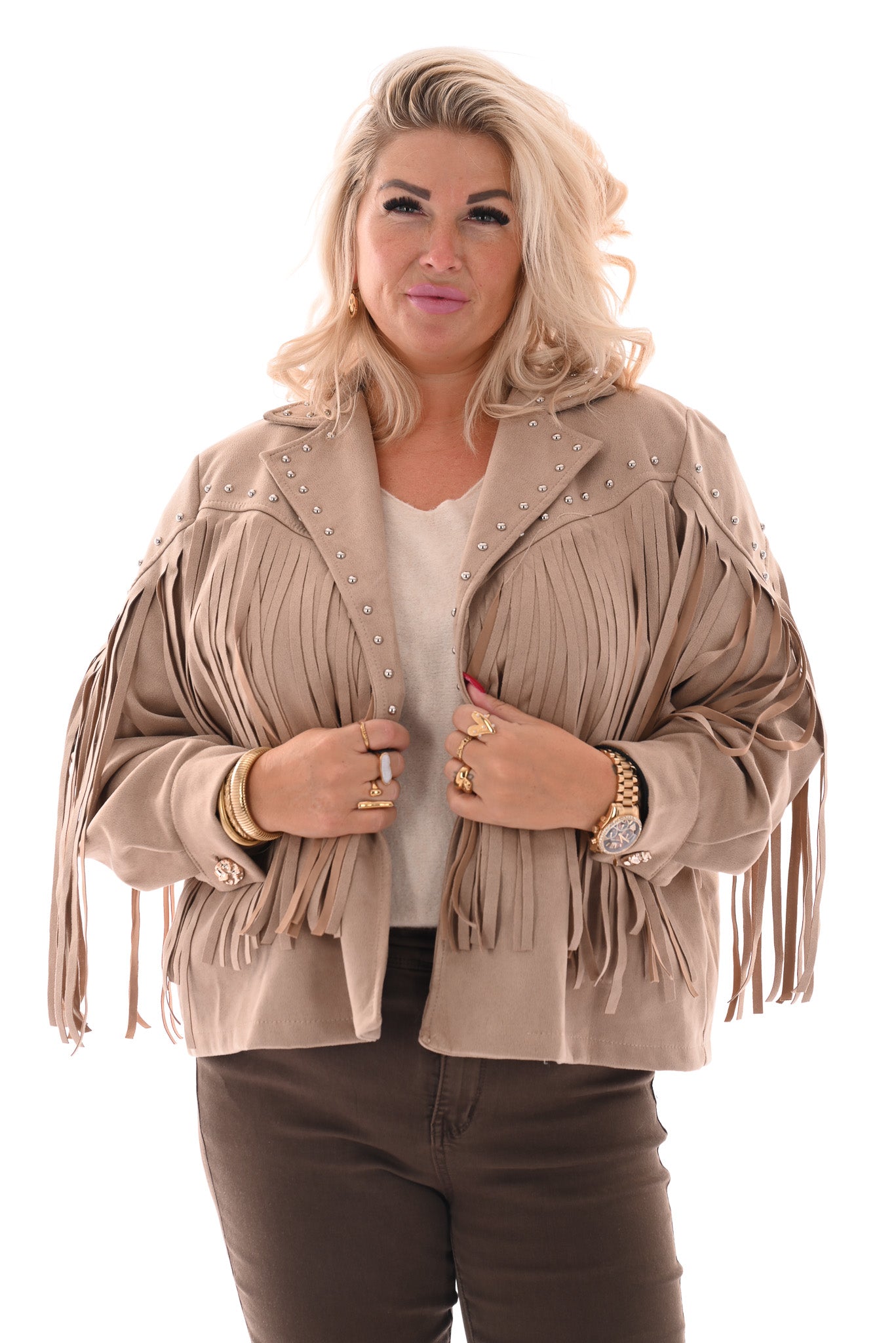 Kort jasje studs en franjes beige