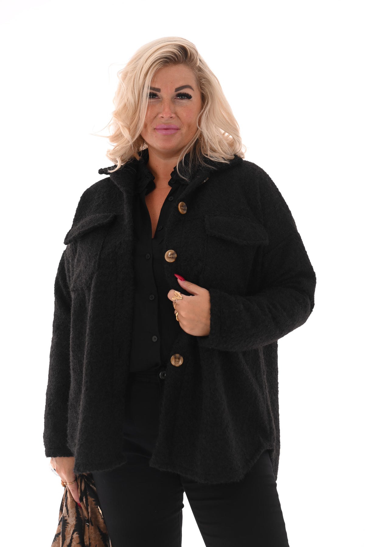 Wavy boucle jas zwart