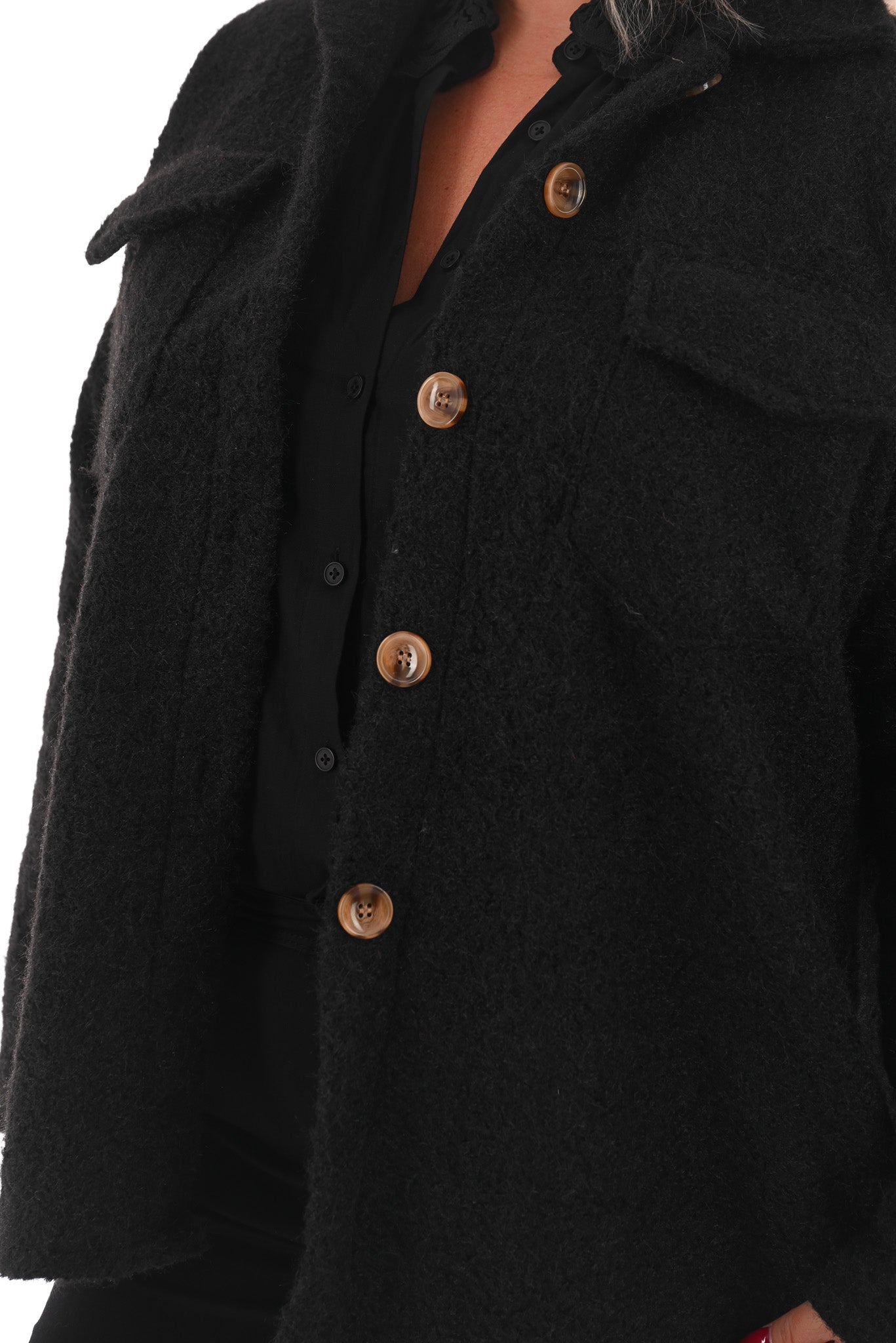 Wavy boucle jas zwart