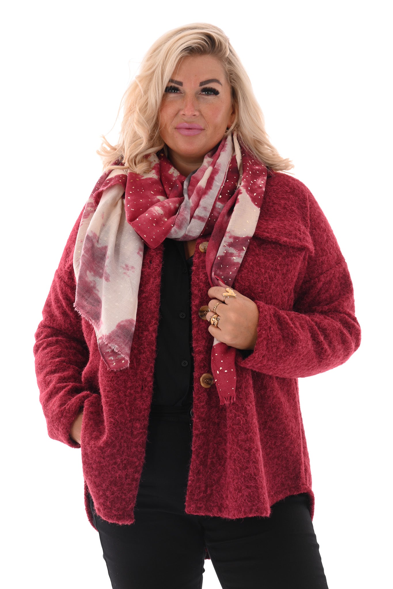 Wavy boucle jas donkerrood/roze