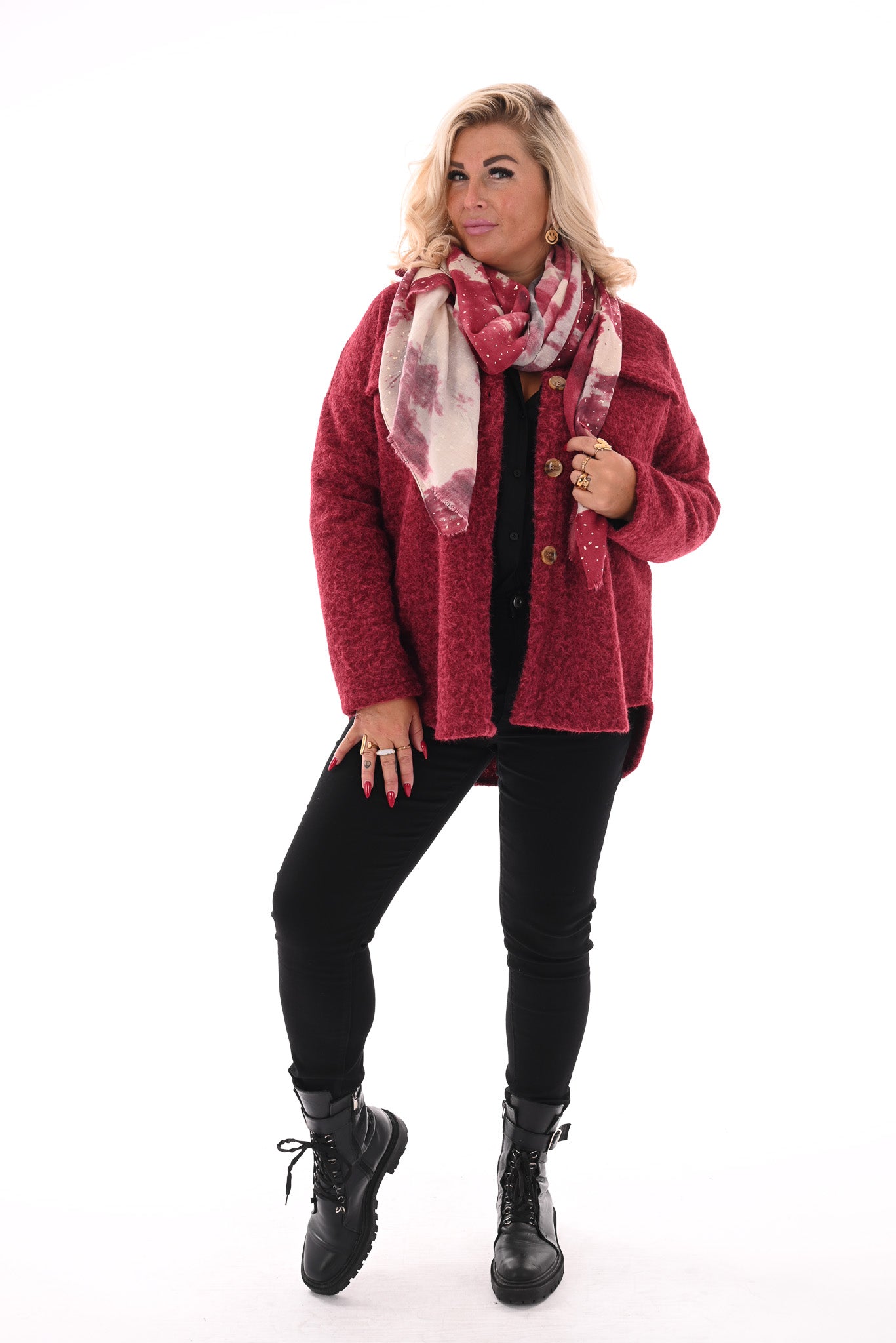 Wavy boucle jas donkerrood/roze