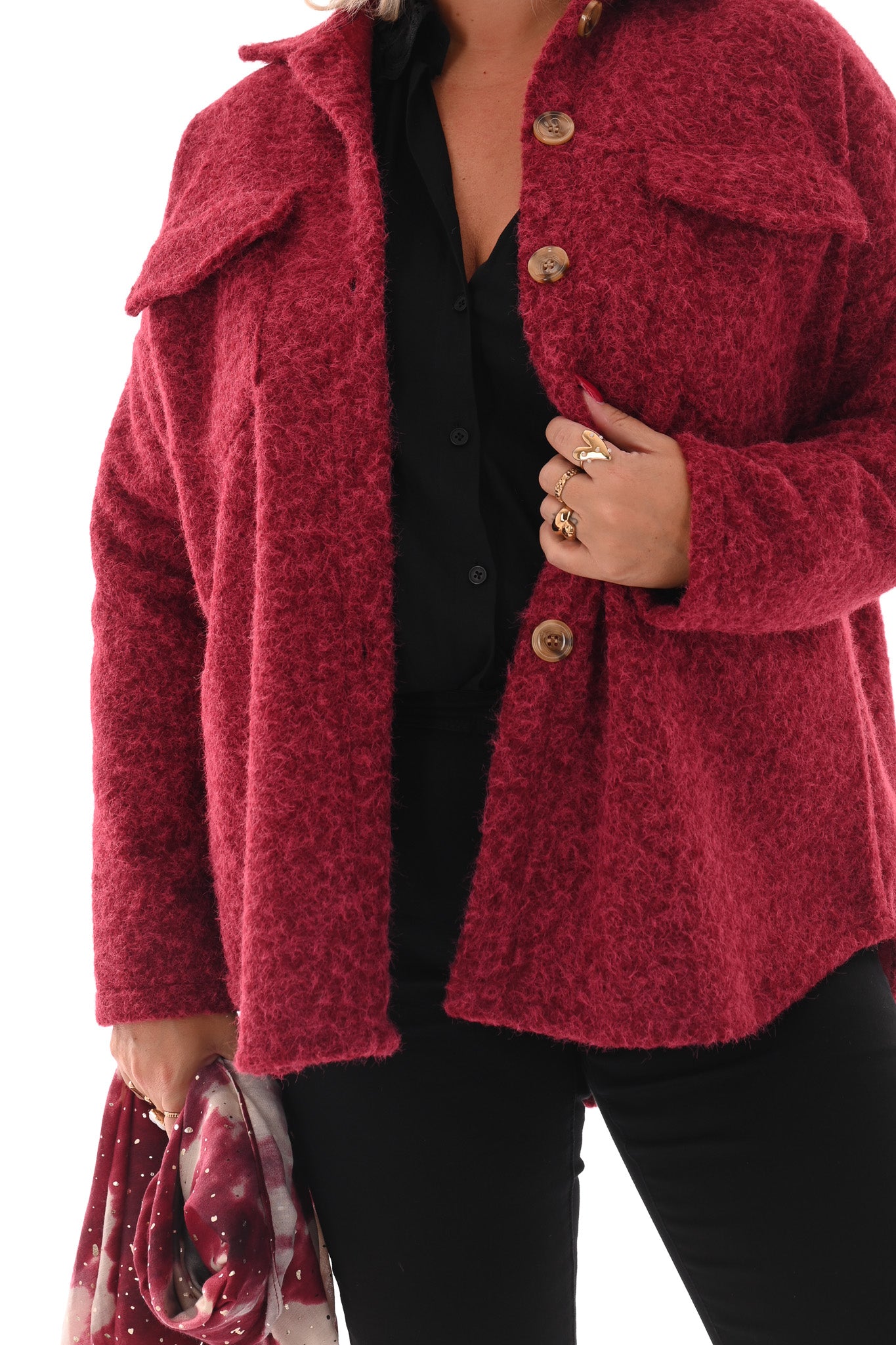 Wavy boucle jas donkerrood/roze