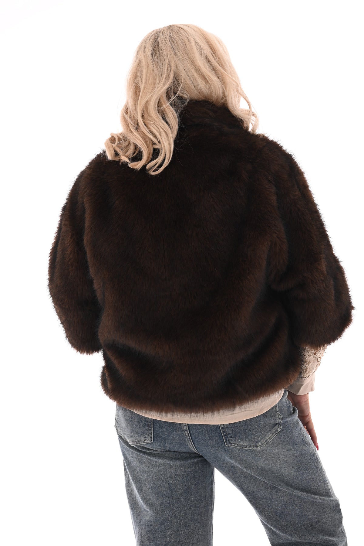Faux fur jas korte mouwen en opstaande kraag bruin