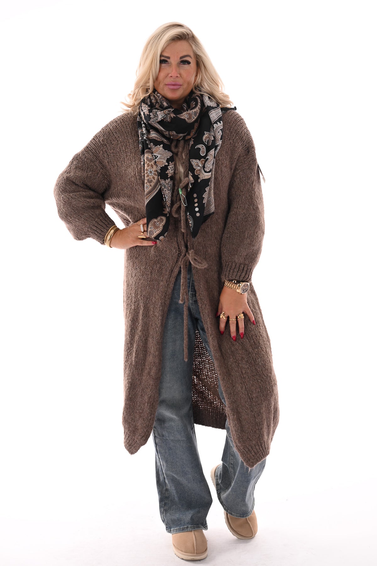 Lang gebreid vest met strik sluiting taupe