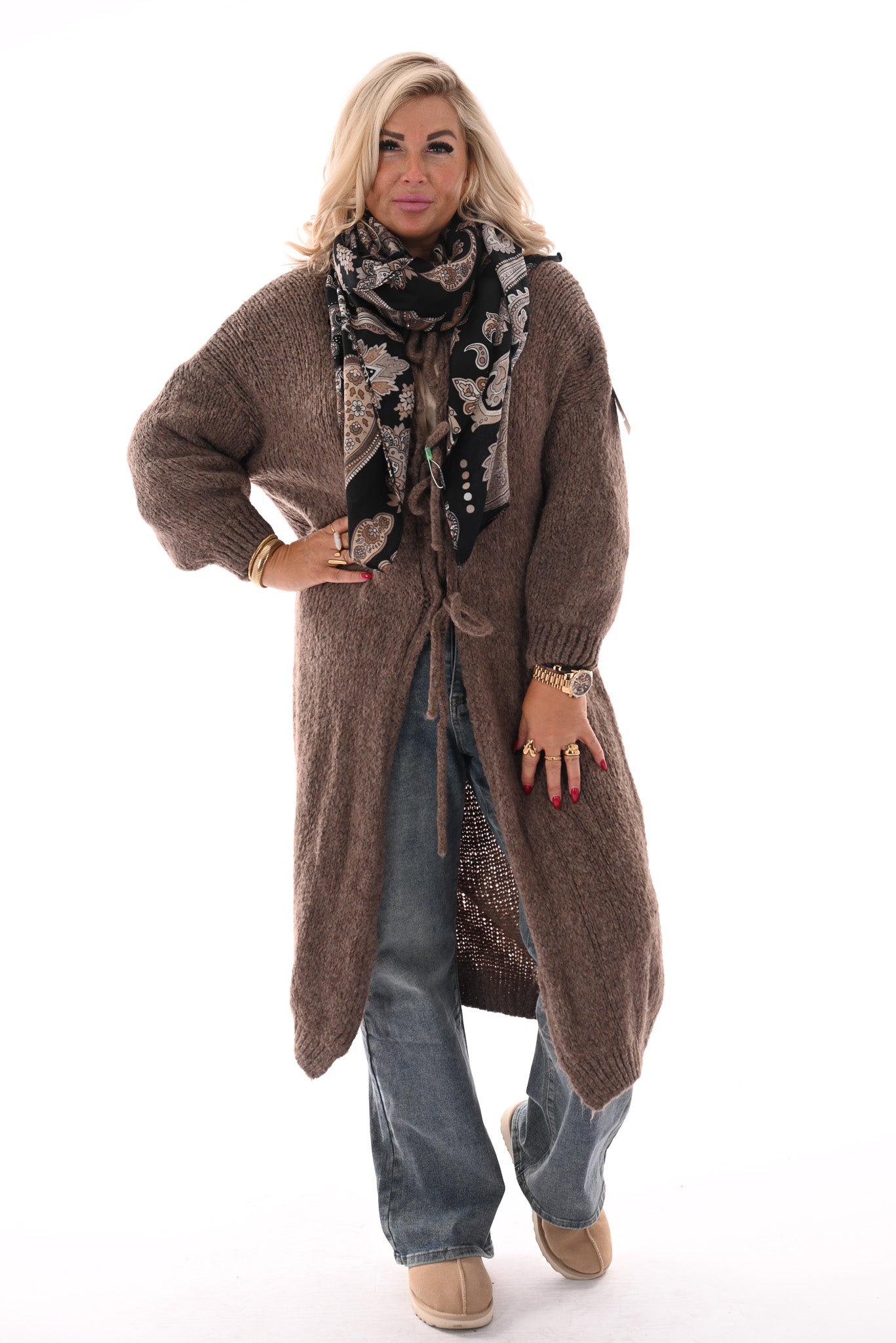 Lang gebreid vest met strik sluiting taupe
