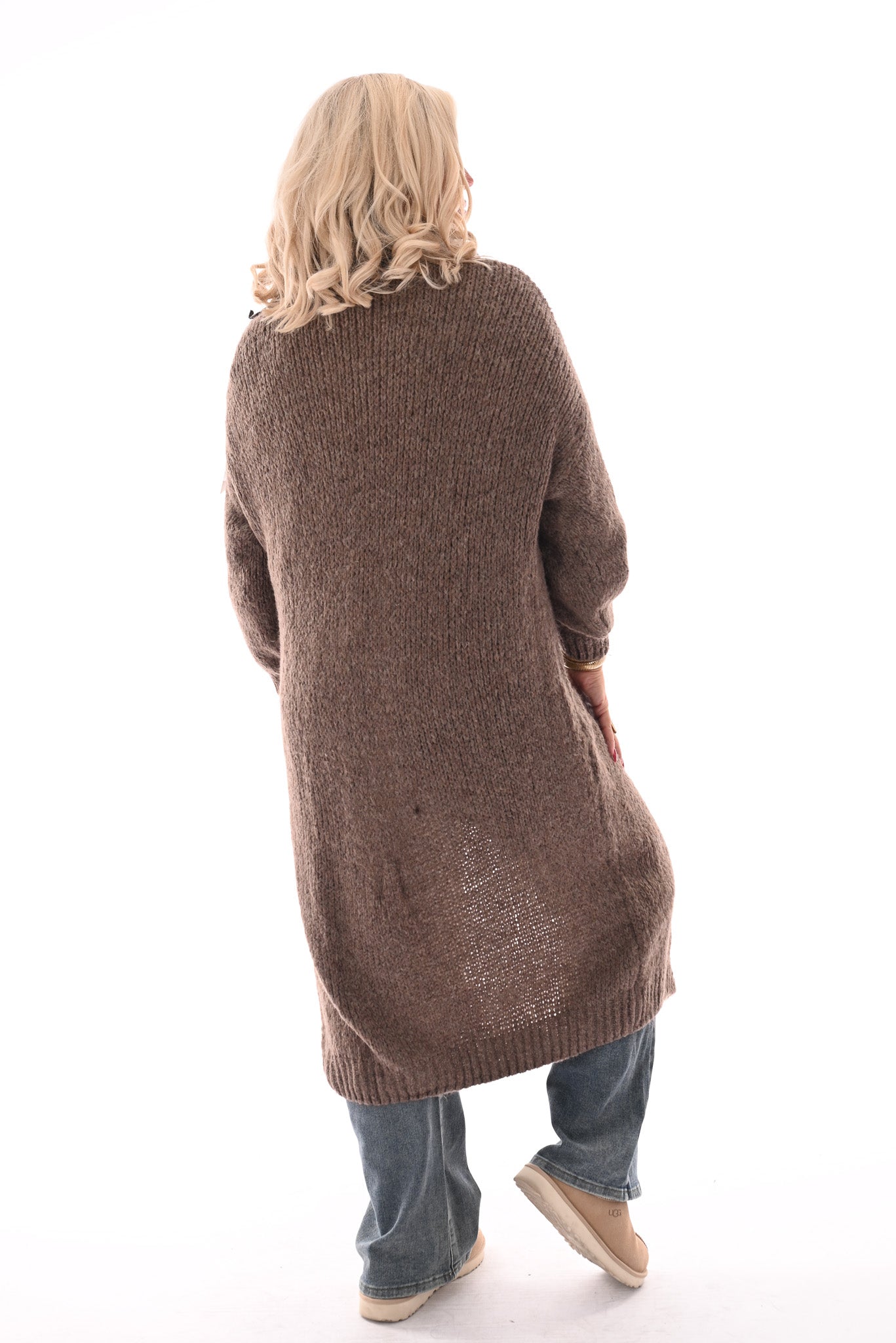 Lang gebreid vest met strik sluiting taupe