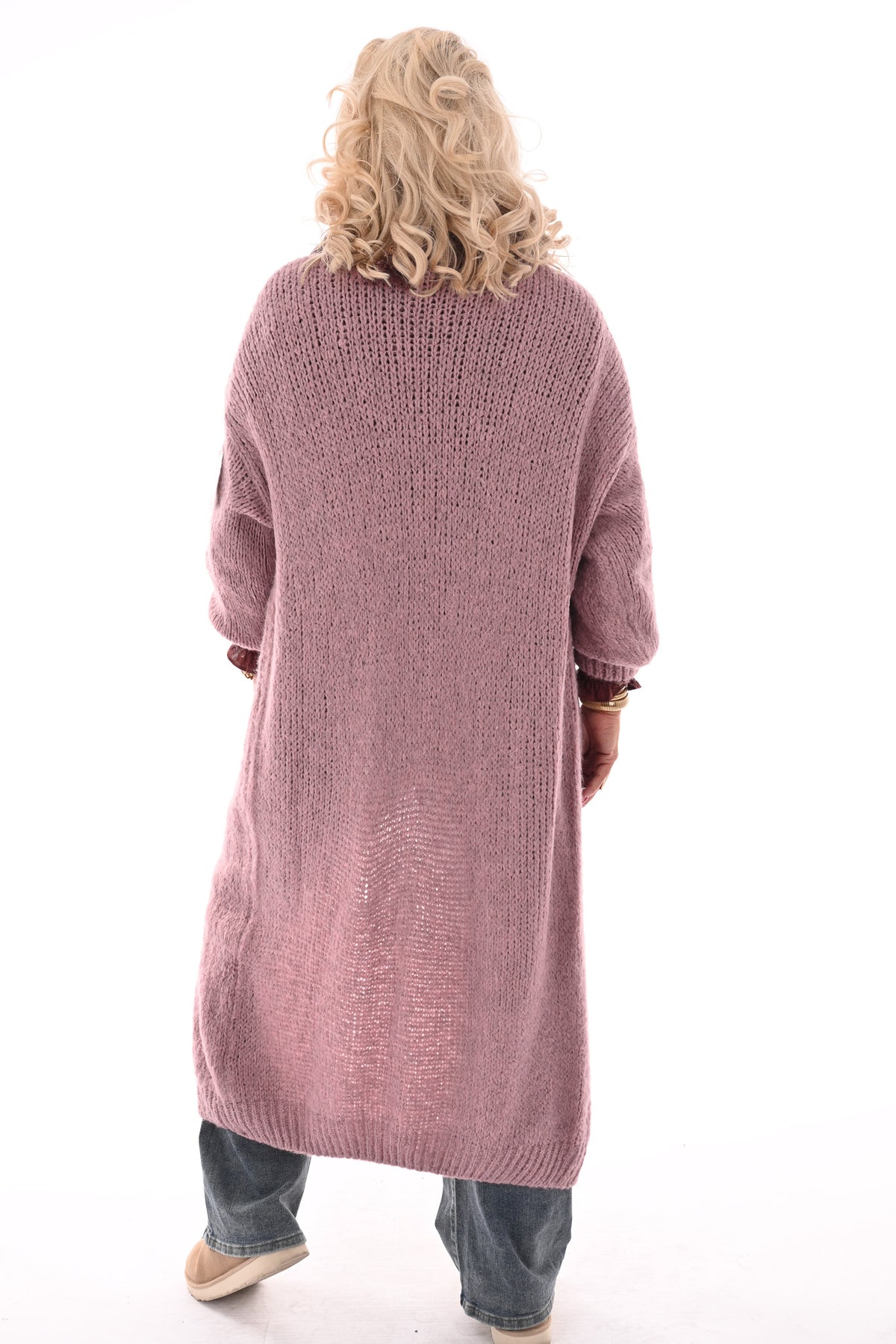Lang gebreid vest met strik sluiting lichtroze