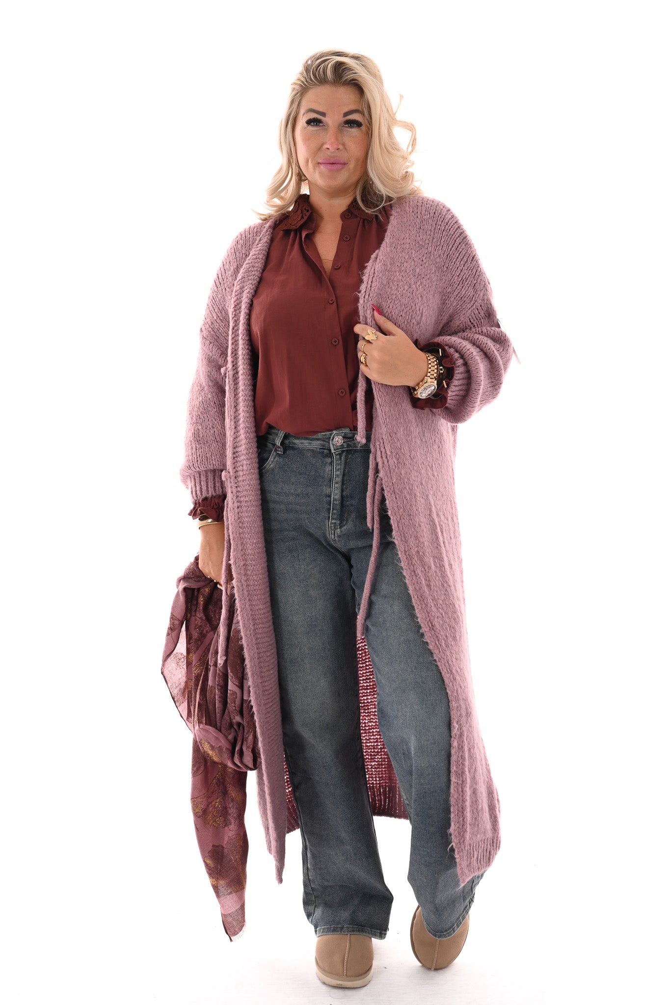 Blouse kanten kraag bruinrood