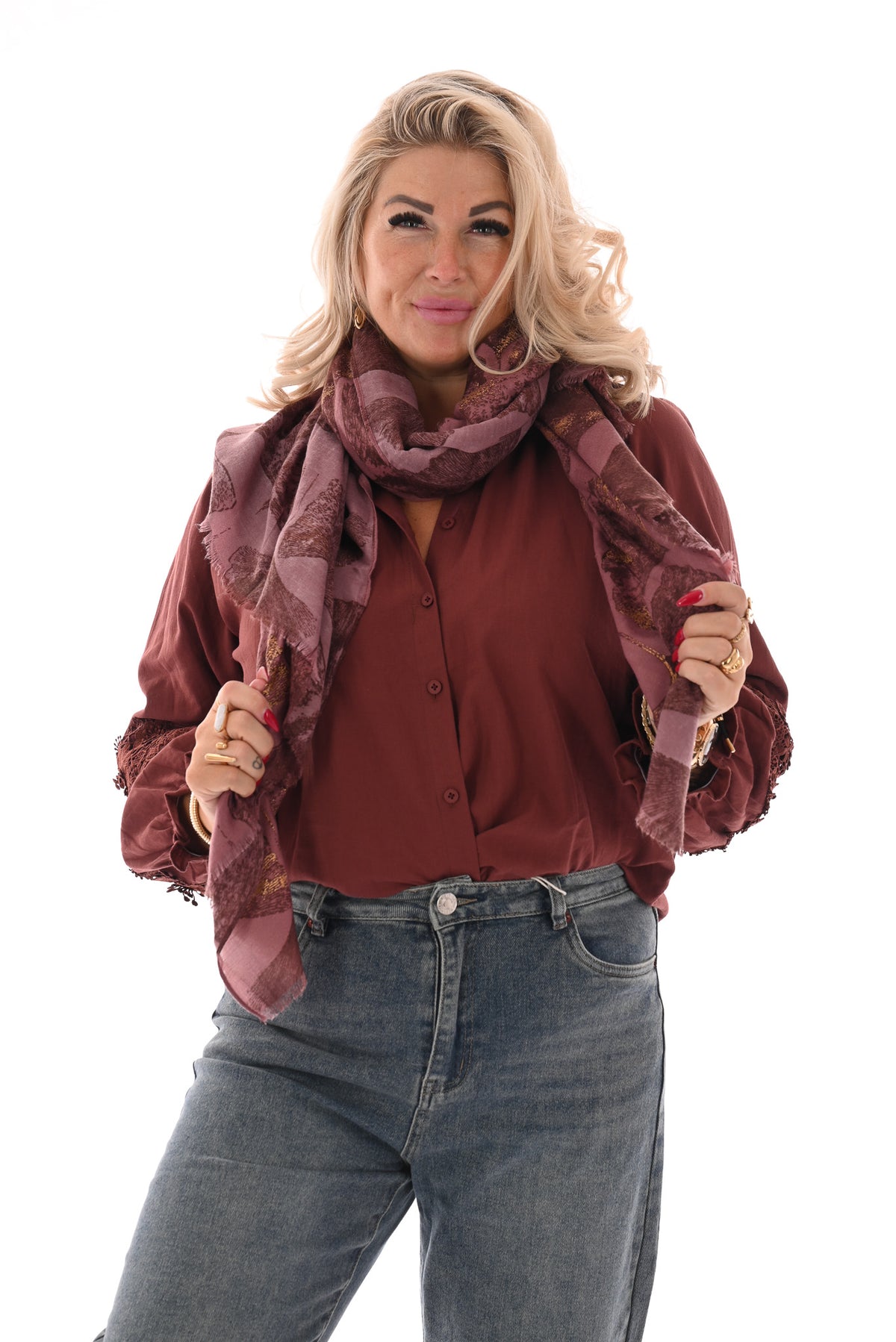 Blouse kanten kraag bruinrood