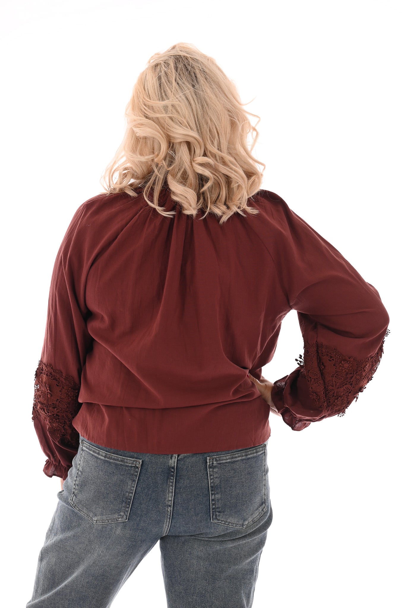Blouse kanten kraag bruinrood