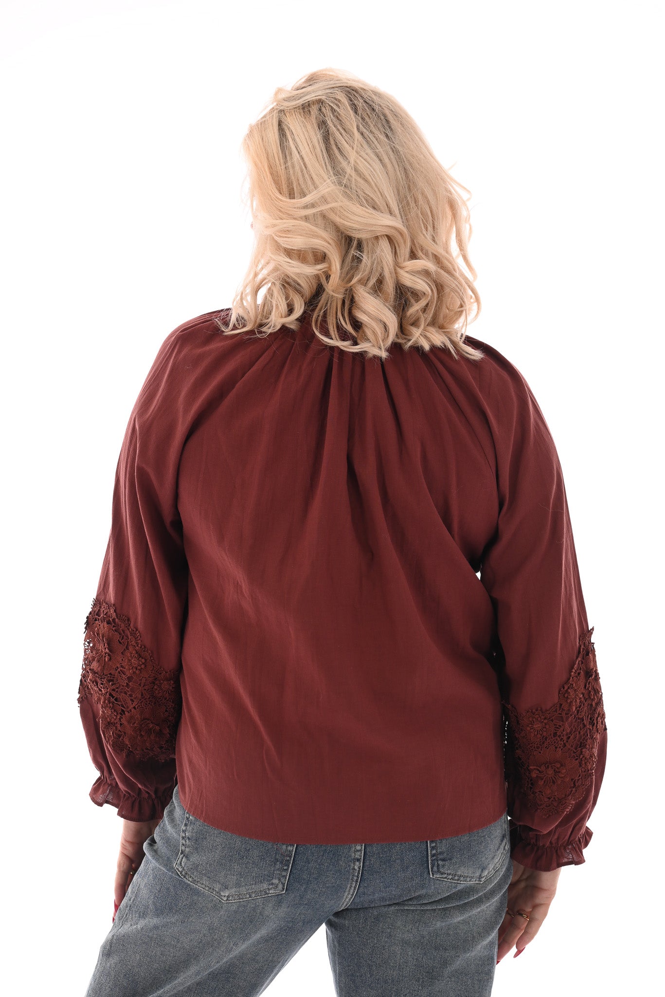 Blouse kanten kraag bruinrood