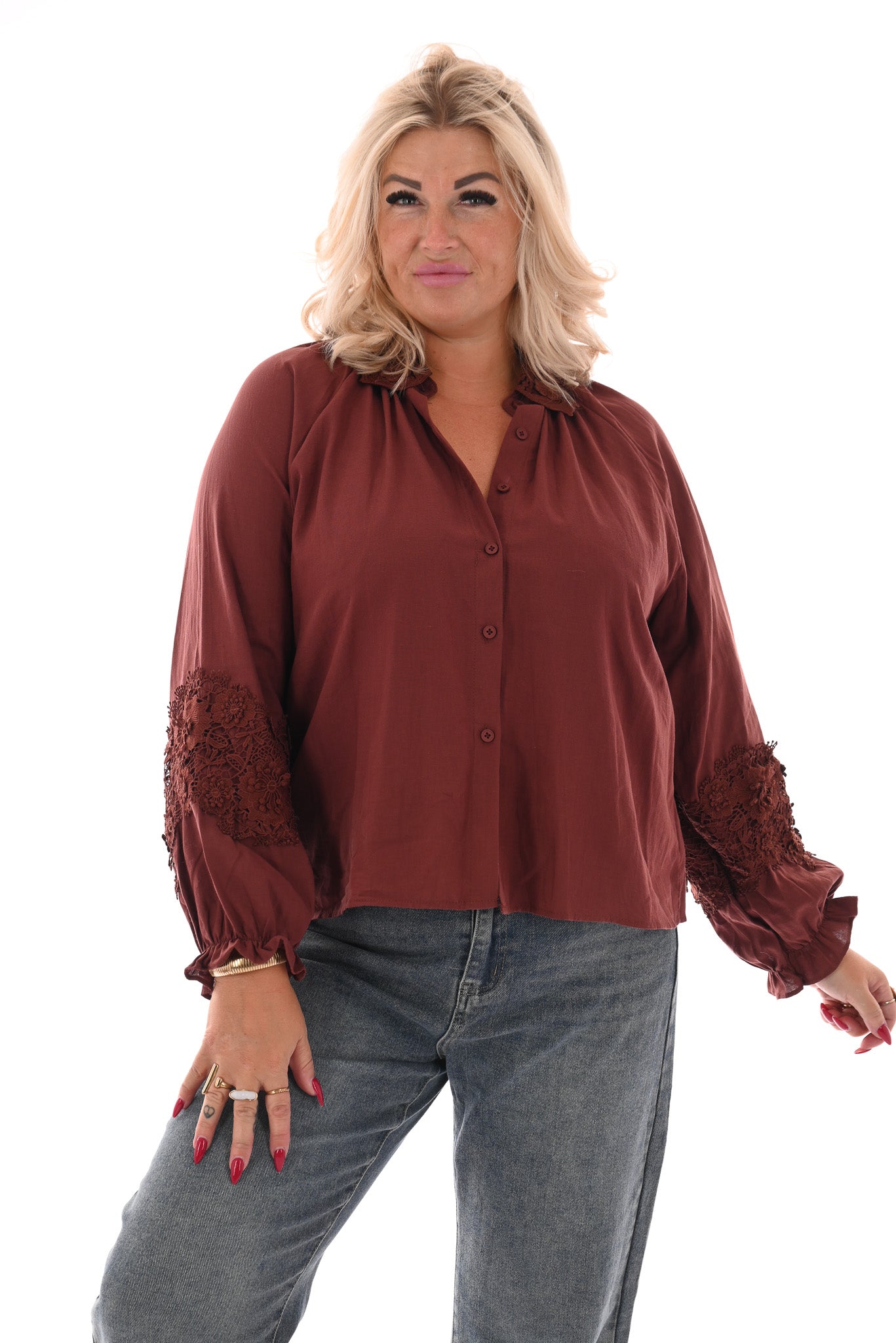 Blouse kanten kraag bruinrood