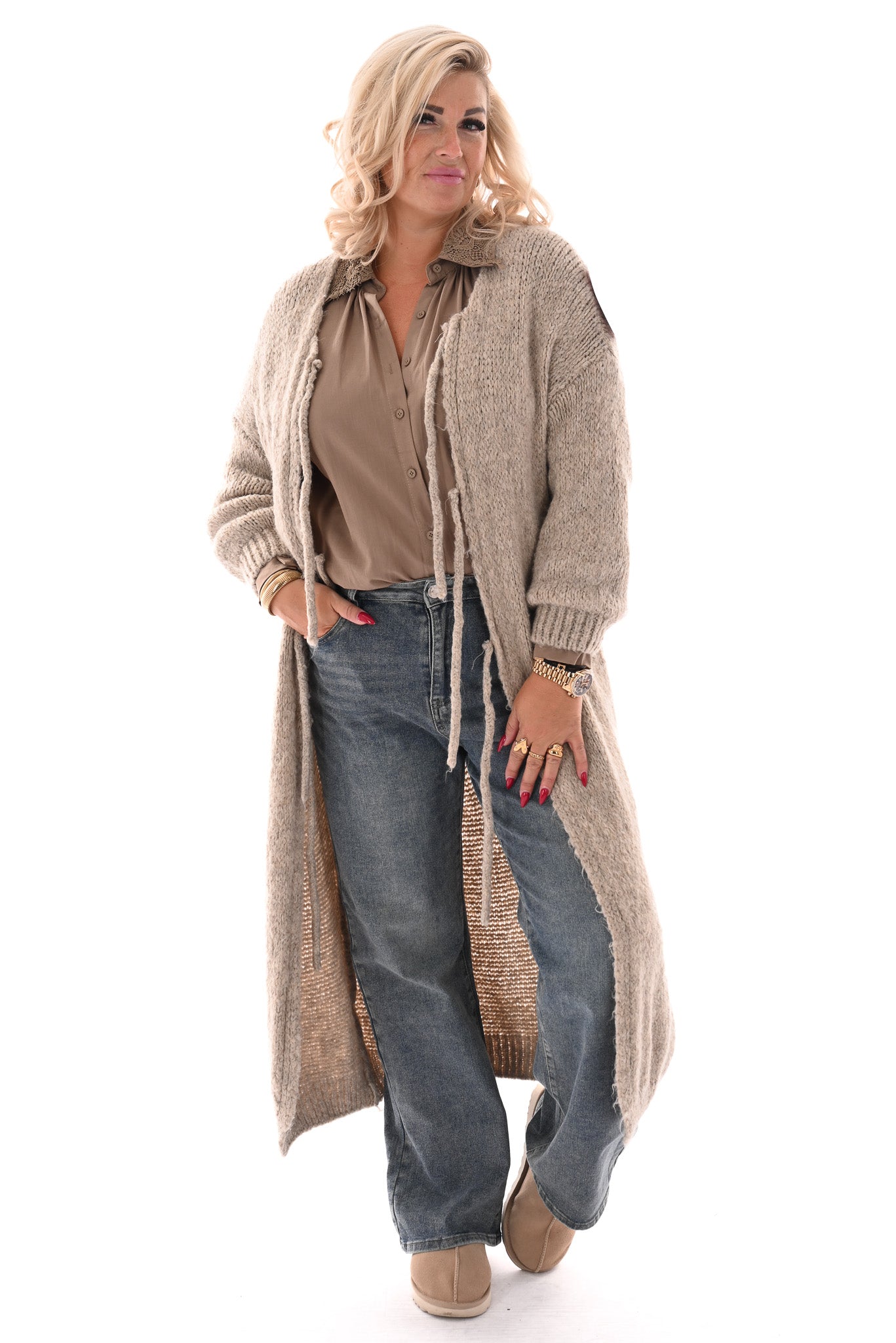 Lang gebreid vest met strik sluiting beige