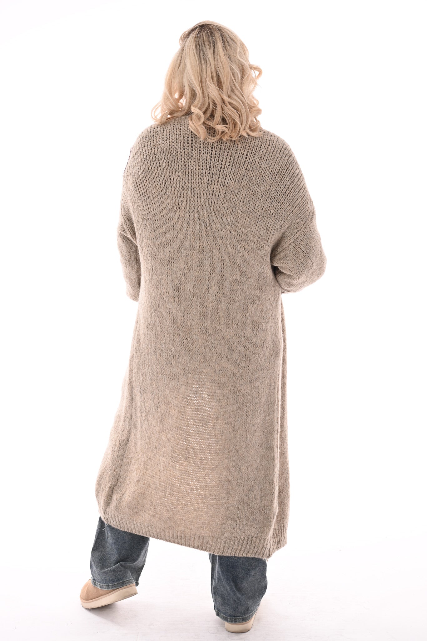 Lang gebreid vest met strik sluiting beige